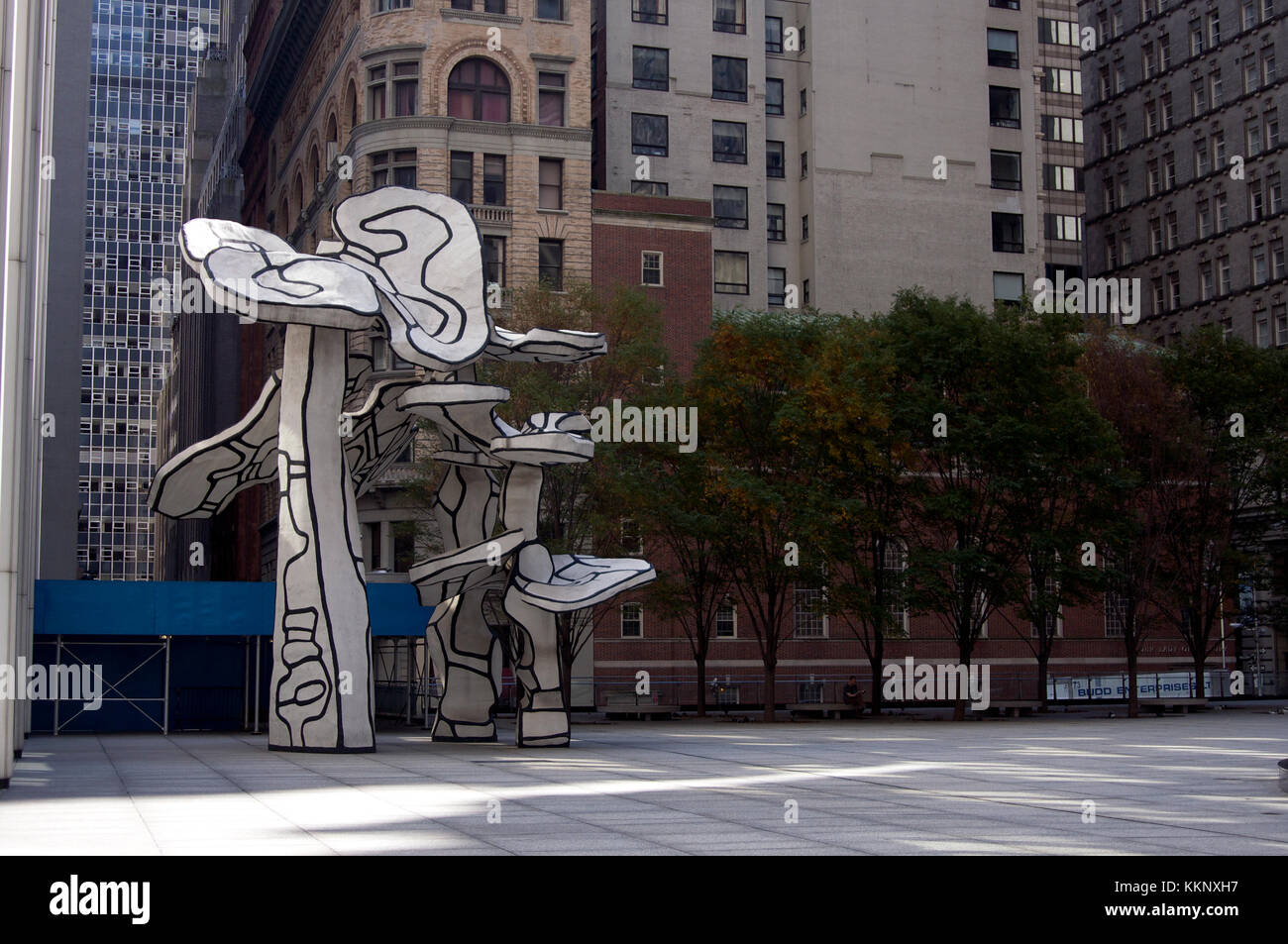 Group of Four Trees, a forty foot sculpture by Jean Dubuffet which was installed at the Chase Manhattan Bank Plaza in lower Manhattan in 1972.  The pi Stock Photo