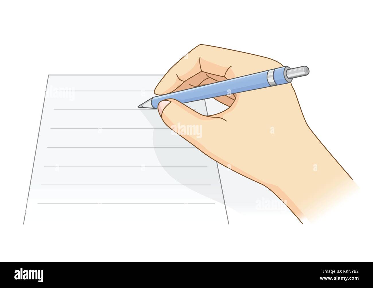 Hand holding a blue pen to writing on blank paper. Stock Vector