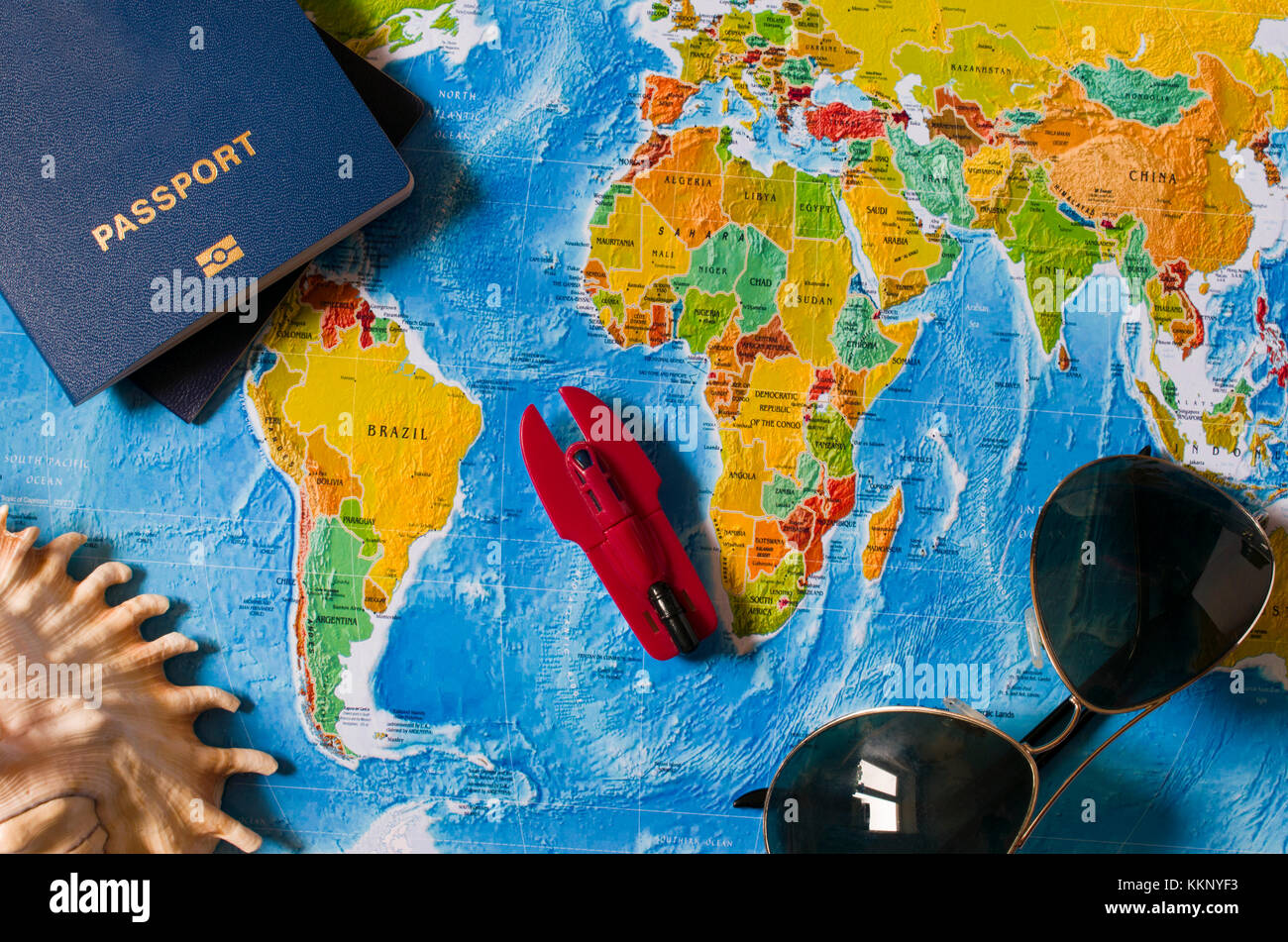 Top view of the travel accessories card. Vacations in different countries of the world Stock Photo