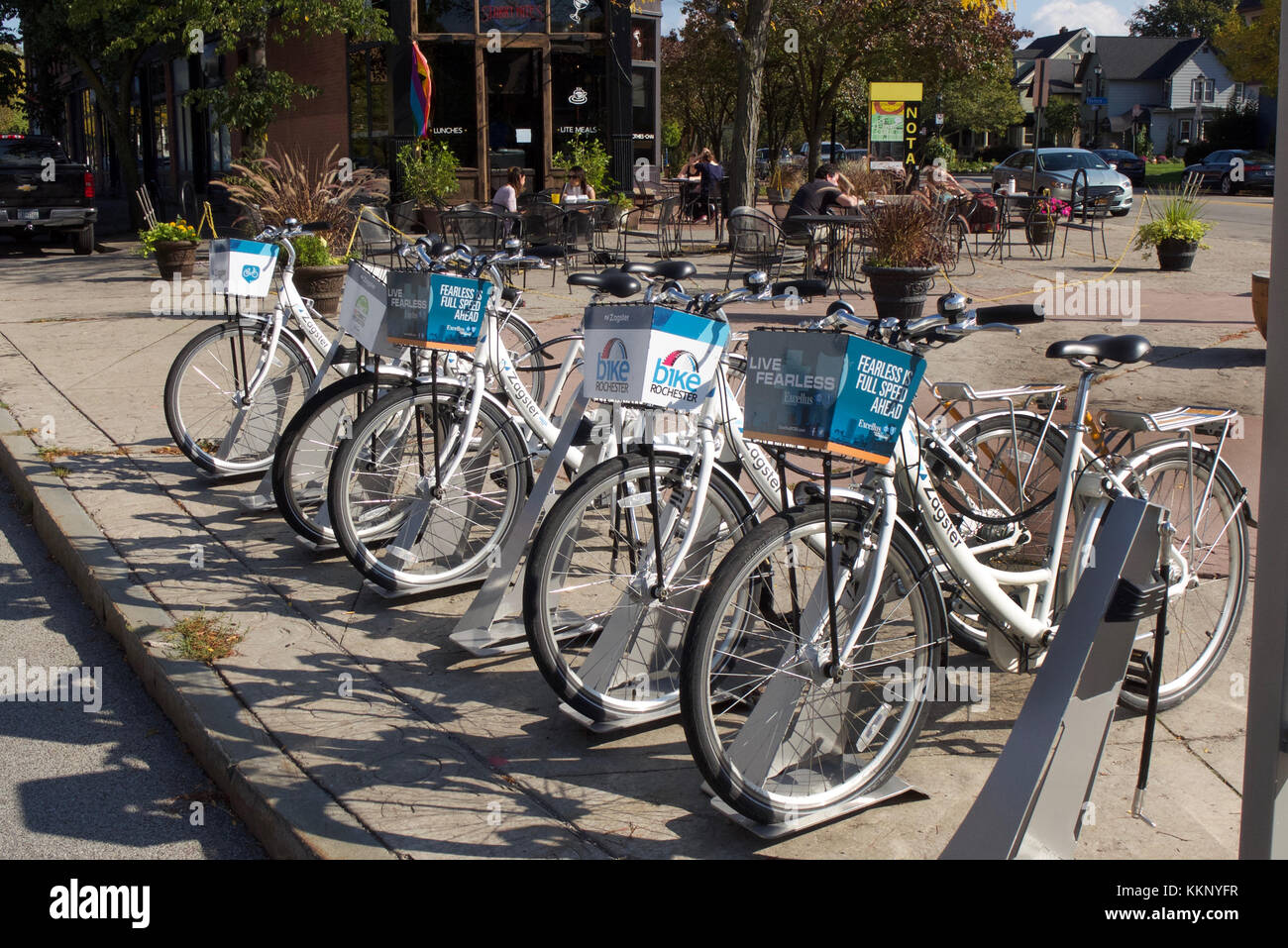 Bikes to rent station in Rochester NY. Stock Photo