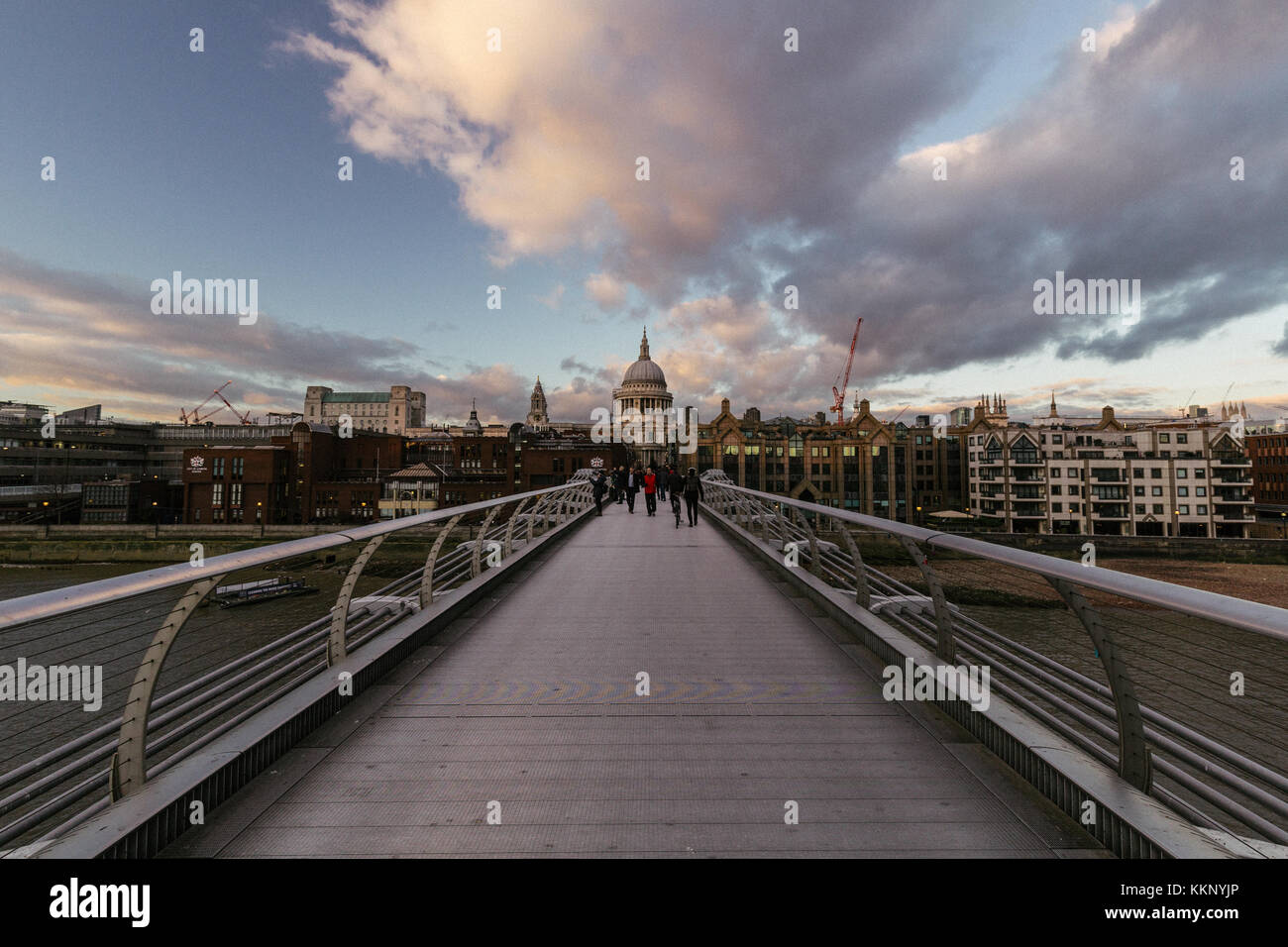 Winter London skyline on Millennium Bridge towards St Paul's Cathedral Stock Photo