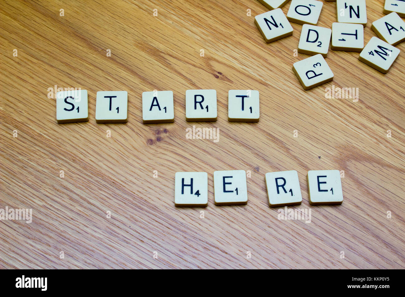 1 December 2017 Ivory board game letters saying Start Here on an oak grain background in Bangor Northern Ireland Stock Photo