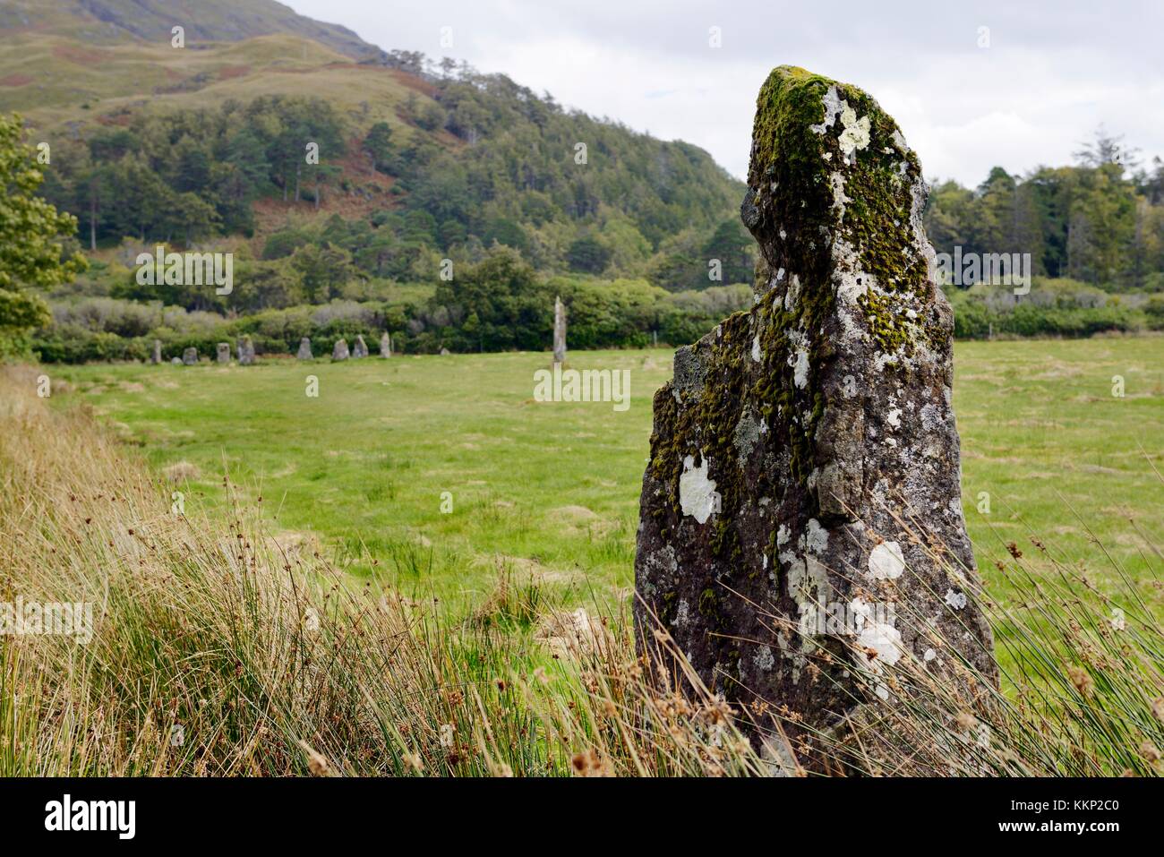 Lochbuie prehistoric stone circle on Isle of Mull, Inner Hebrides, Scotland. 2nd millennium BC. Seen from most distant outlier Stock Photo