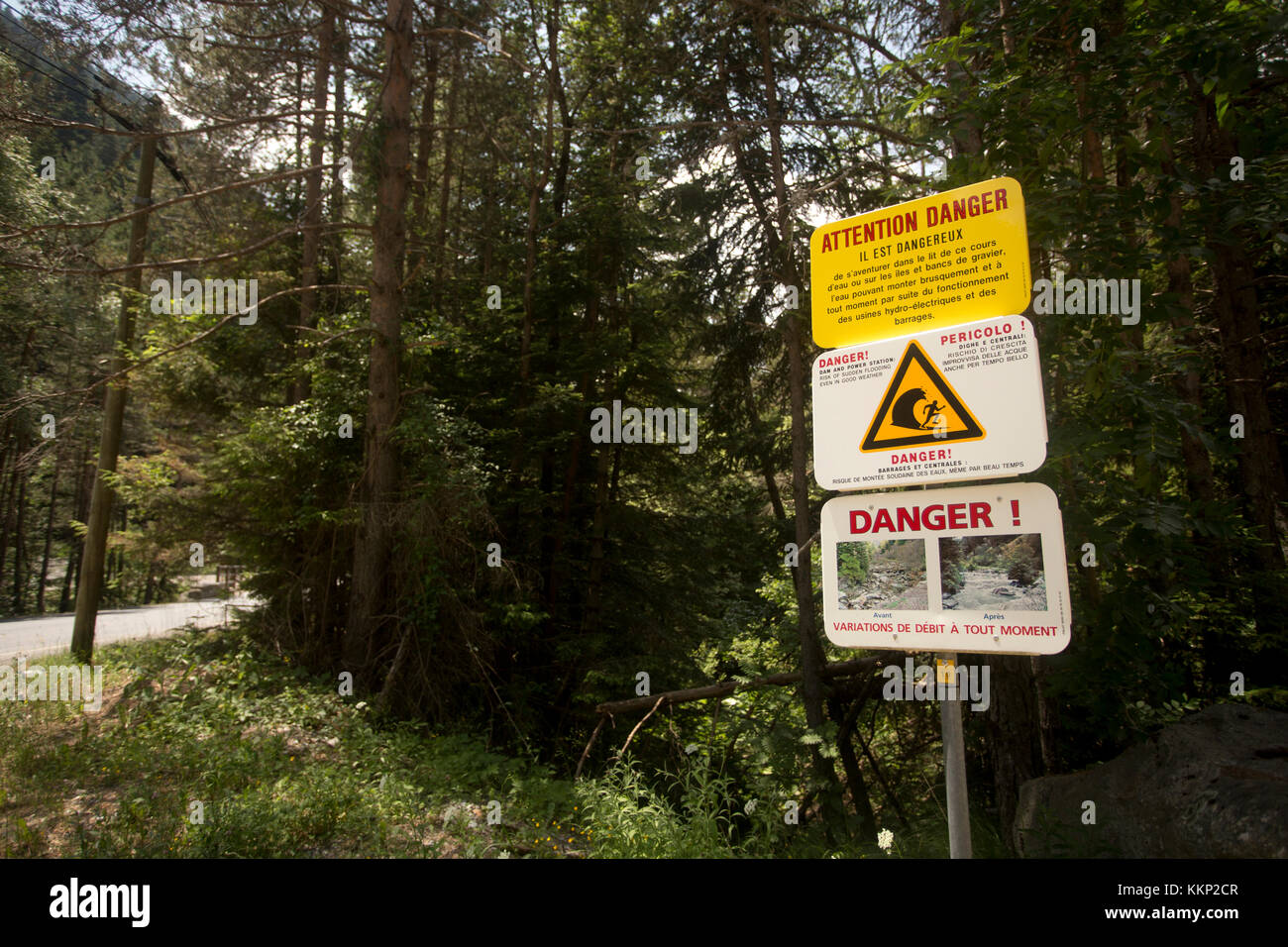 Danger of flash floods from dam and power stations sign in Mercantour National Park, France Stock Photo