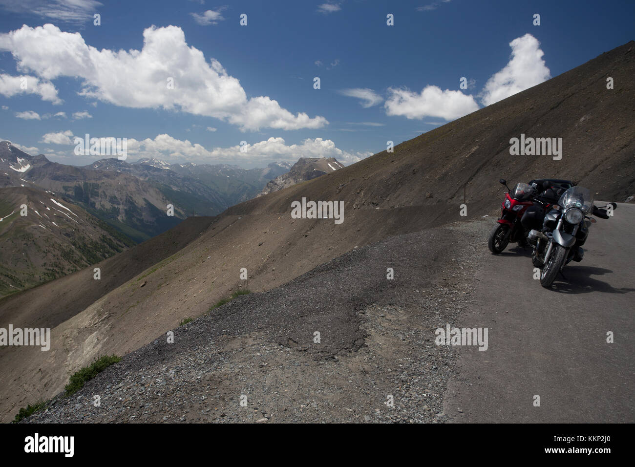 Motorbikes parked at summit of Col de la Bonette, France Stock Photo
