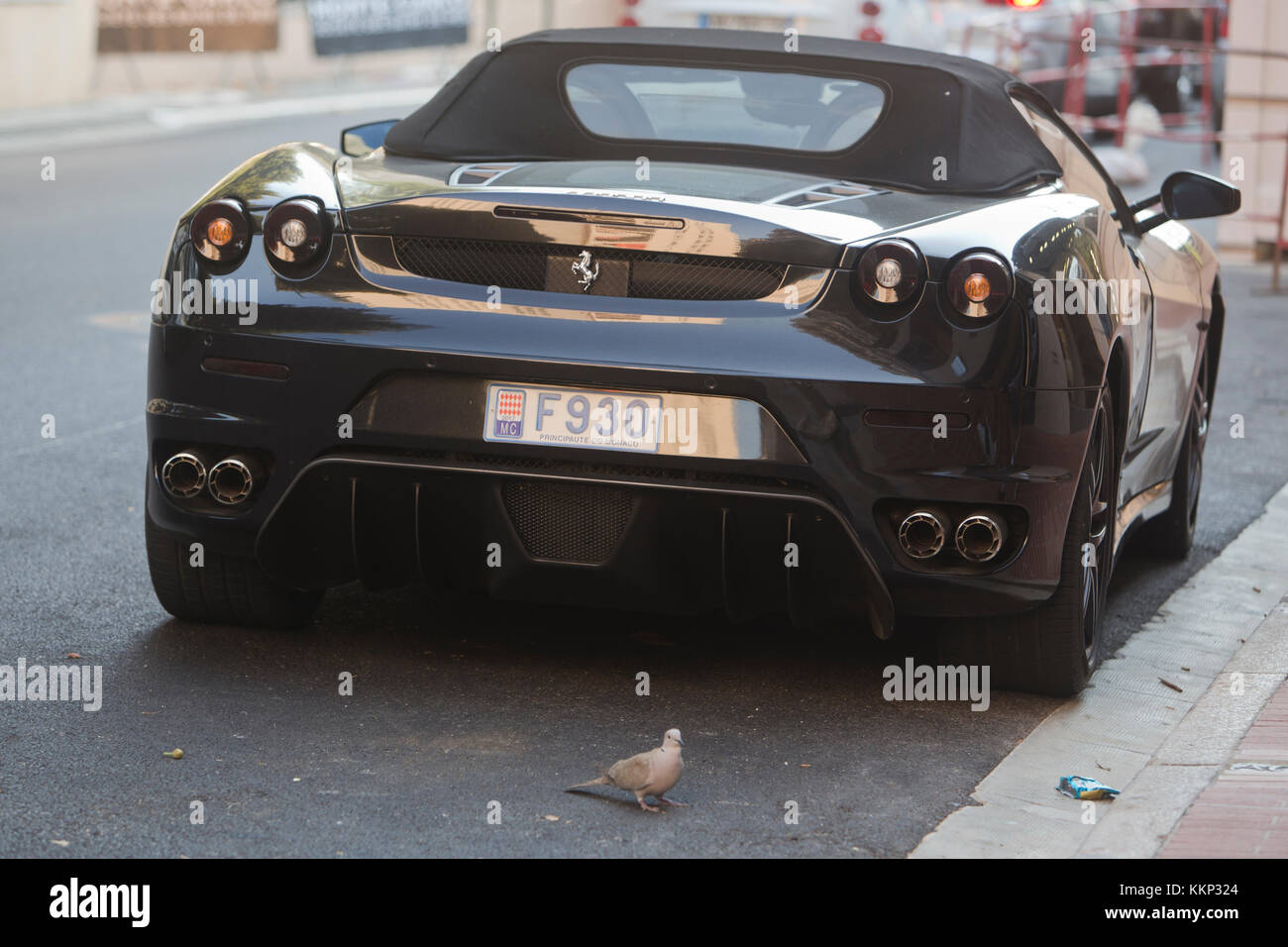 Ferrari F430 spider parked in Monaco, Monte Carlo with a Collard Dove perched behind Stock Photo