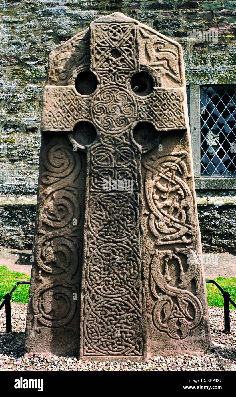 Celtic Pictish Christian cross slab in Aberlemno churchyard, Tayside, Scotland. Intricate knotwork and animal motifs Stock Photo