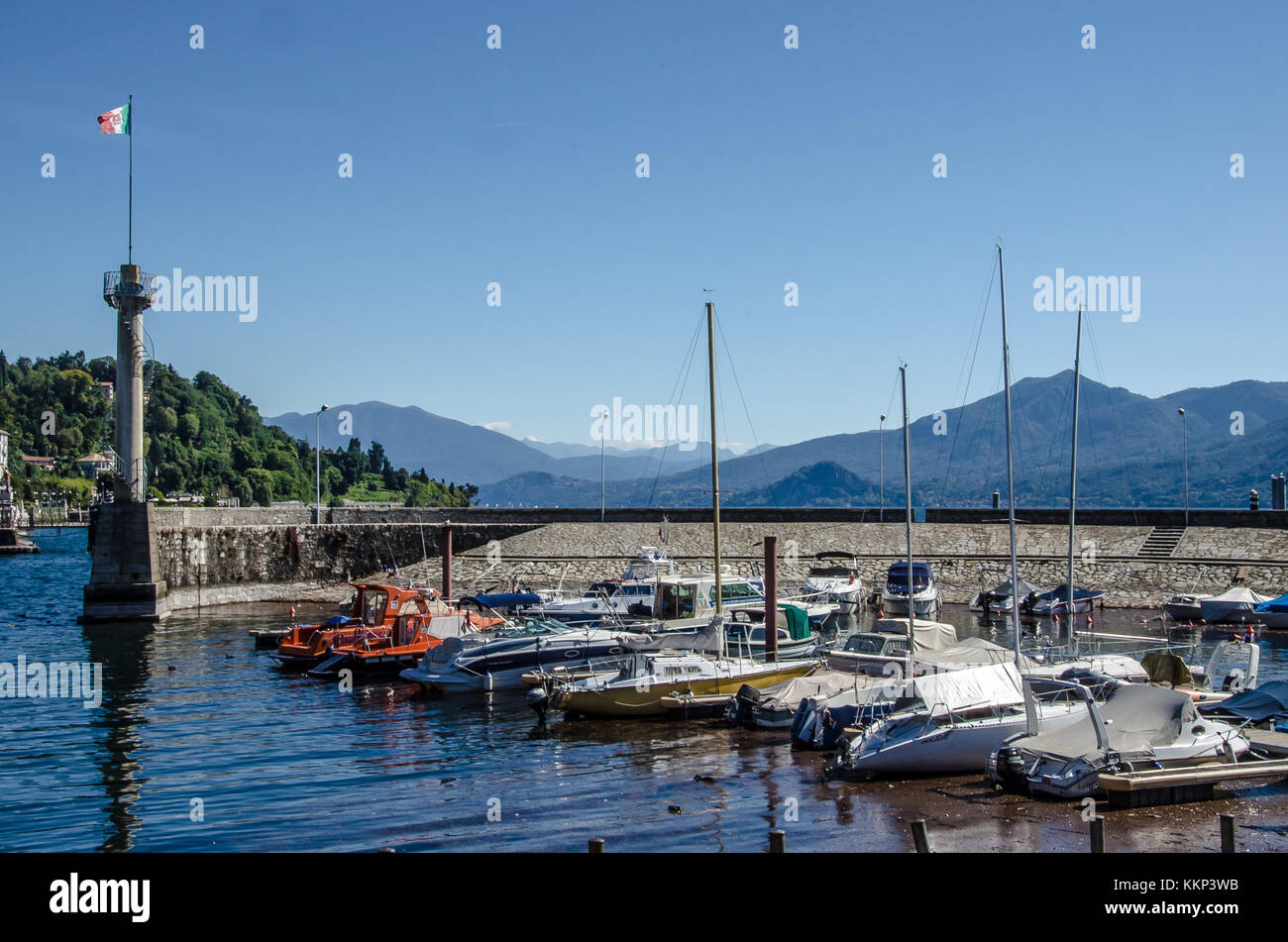One of the best ways to see Lake Maggiore and visit its towns is by boat. It gives a unique  view of the scenery from the water rather than the road. Stock Photo