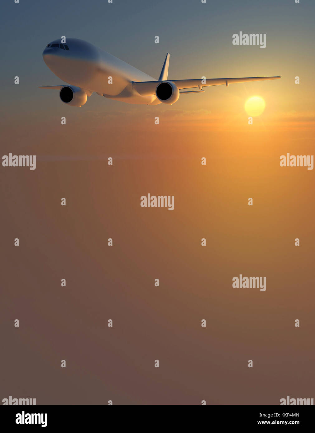 Aerial view of an airplane in the sky at sunset, 3d rendering Stock Photo