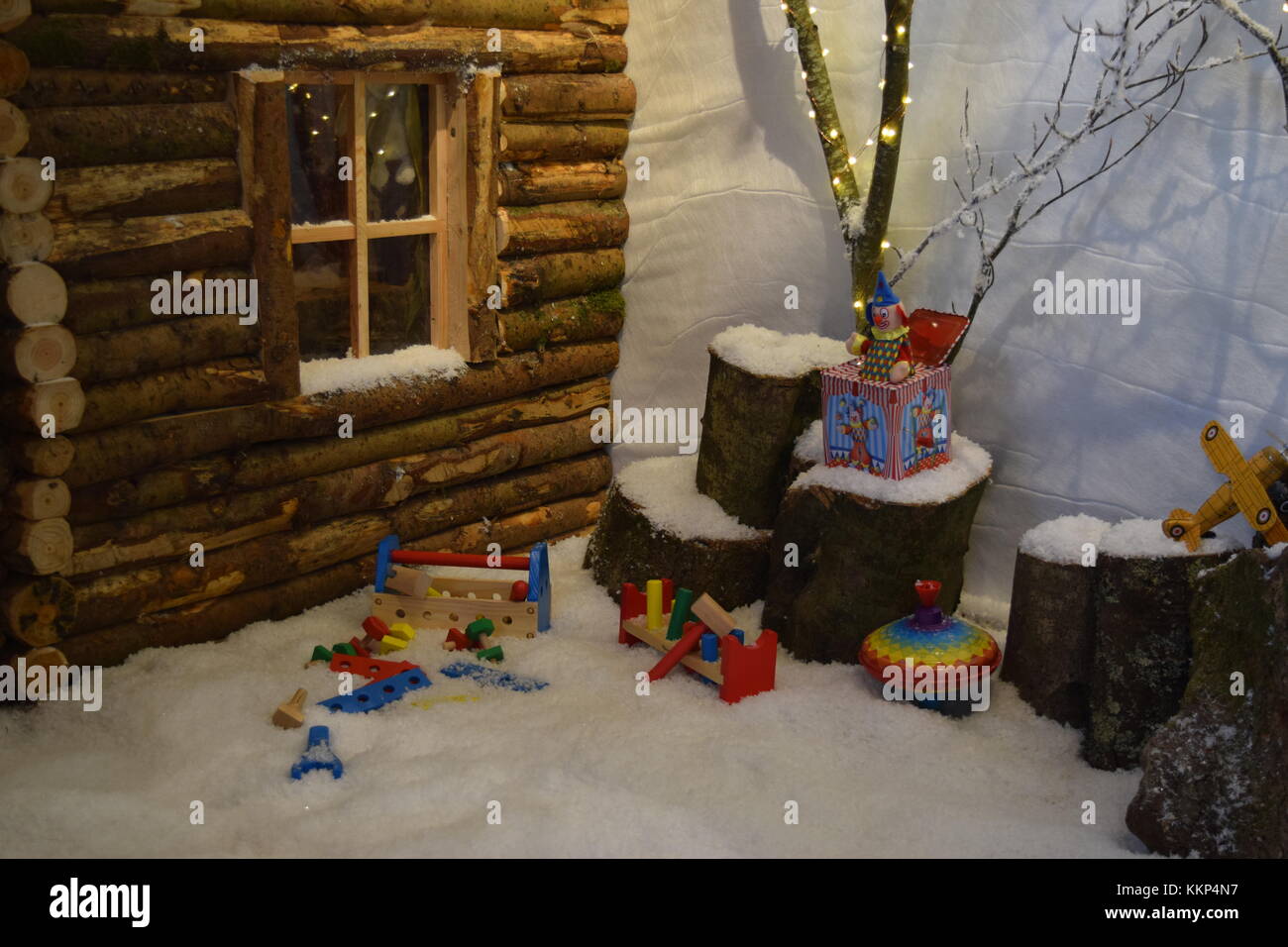 Traditional toys christmas snow scene Stock Photo