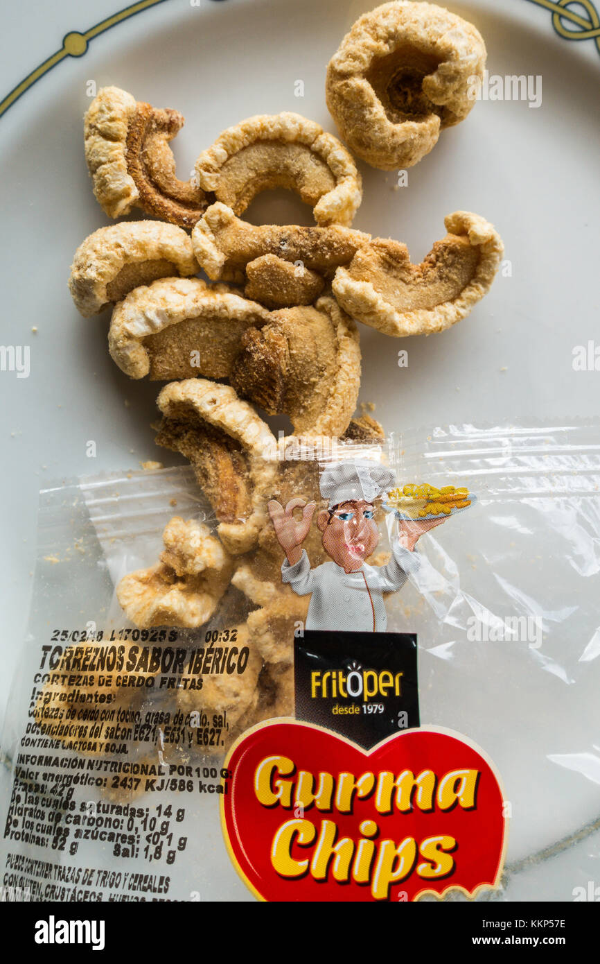 Spanish Iberian pork scratchings or skins. Gurma Chips Fritoper brand Stock Photo