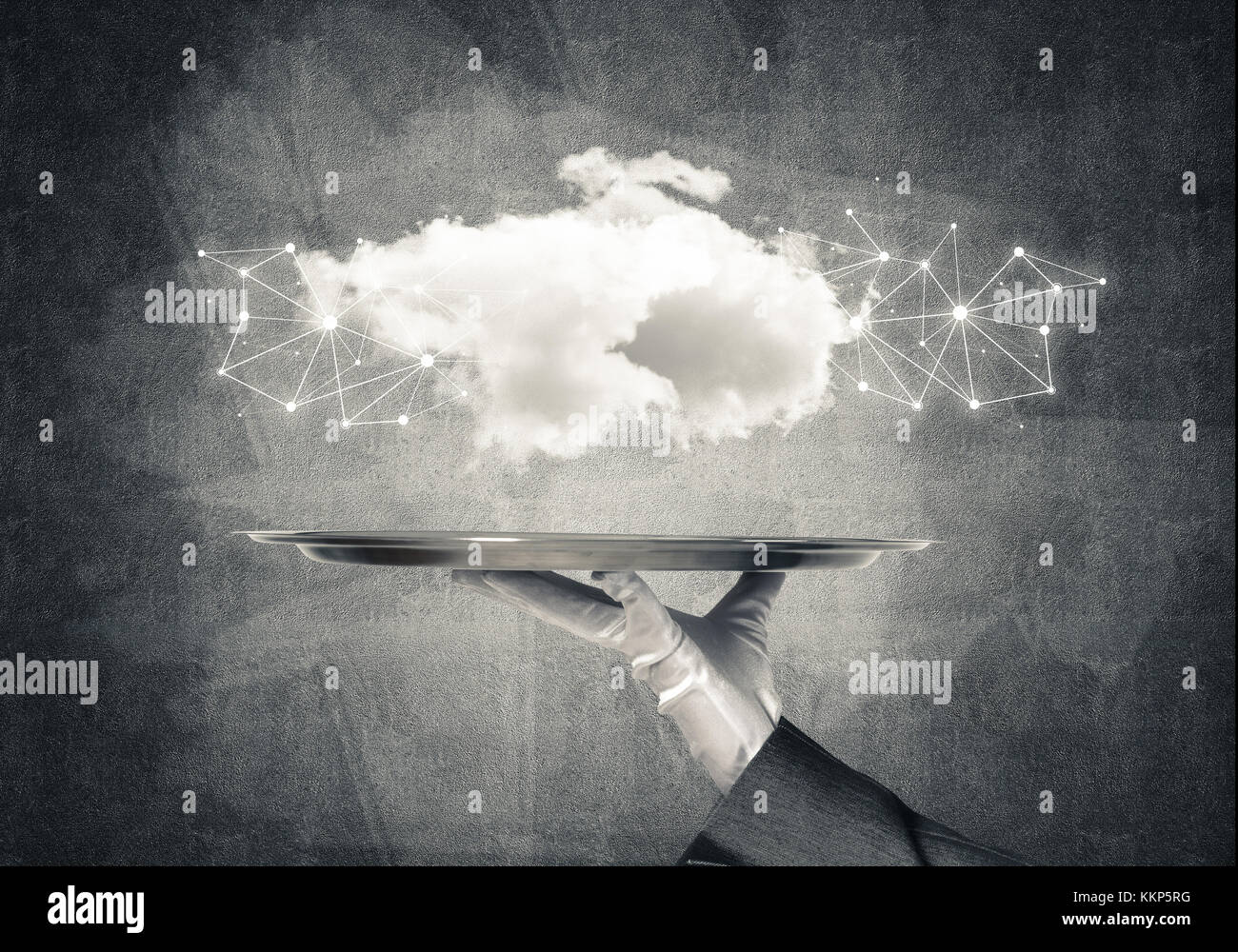 Cropped image of waitress's hand in white glove presenting cloud with social media network structure on metal tray. Gray wall on background. 3D render Stock Photo
