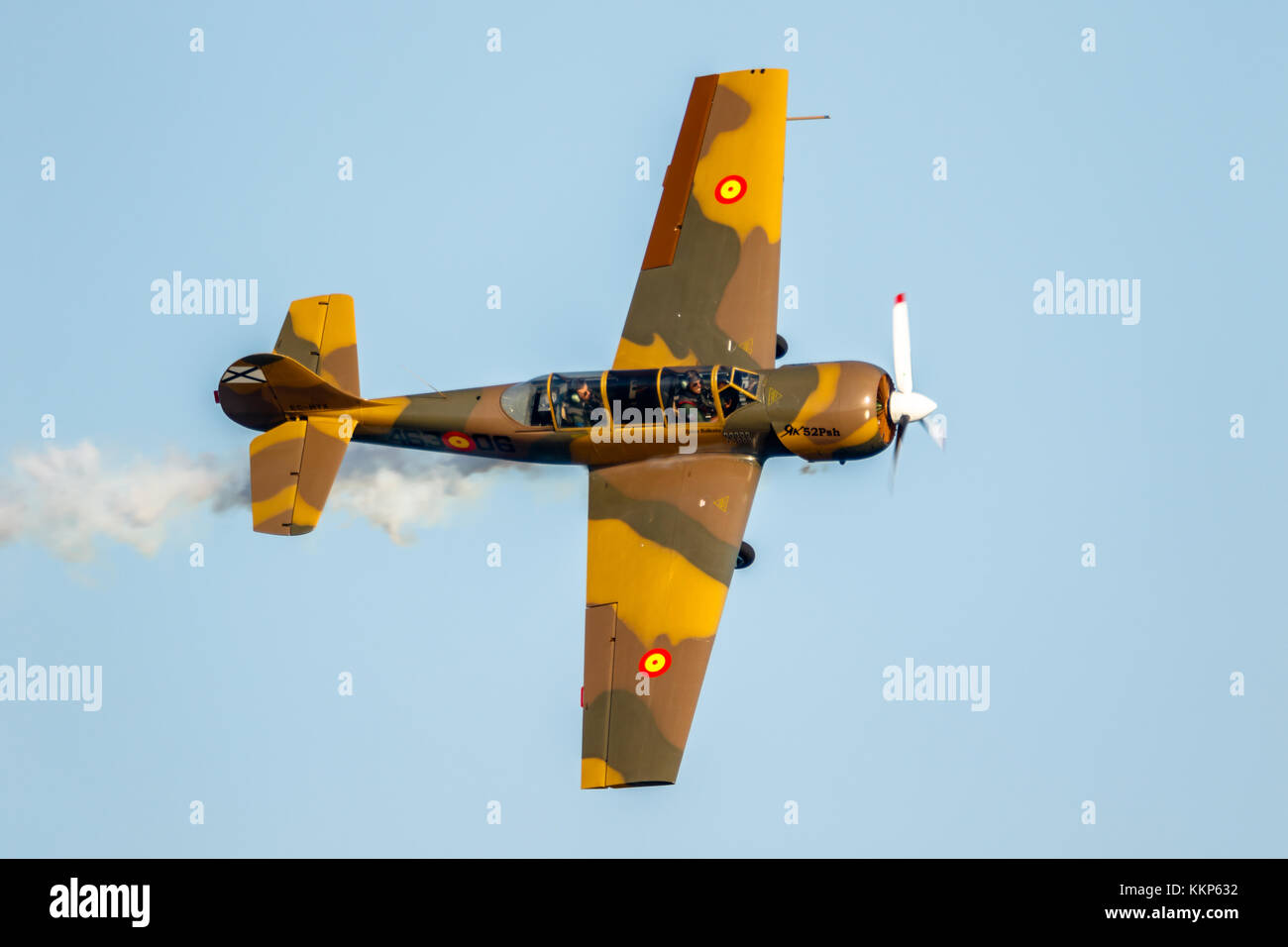 TORRE DEL MAR, MALAGA, SPAIN-JUL 29: Aircraft Yakolev Yak-52 of Salva Ballesta taking part in a exhibition on the 2nd airshow of Torre del Mar on July Stock Photo