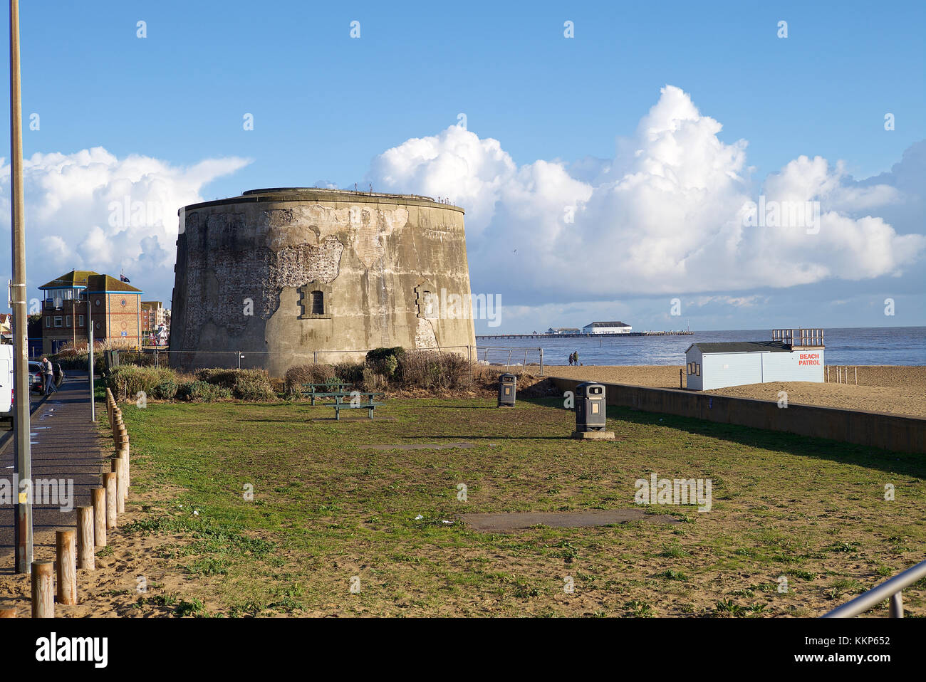 One of the Martello Towers erected during the Napoleonic Wars as a defence against the threat of Napoleon's invading army. They were also used as look Stock Photo
