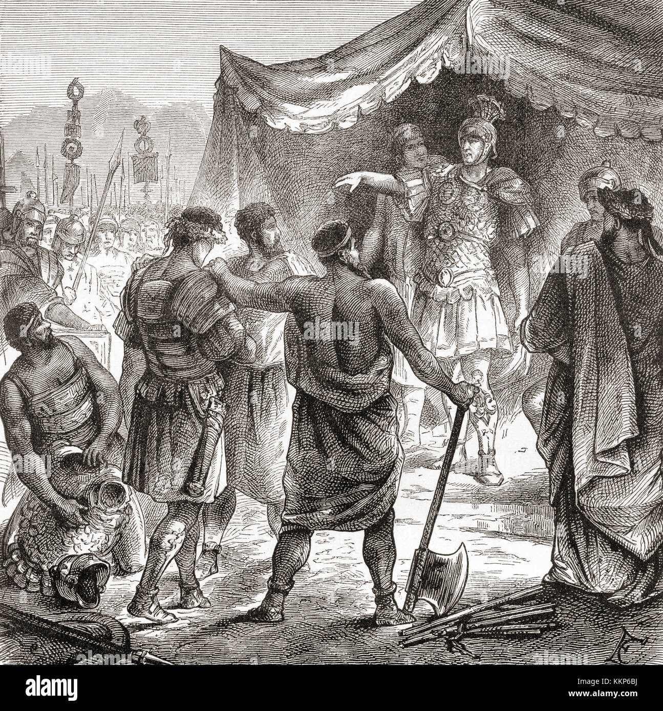 Roman consul Titus Manlius Torquatus condemning his son to death for leaving his post in battle. Titus Manlius Torquatus, Roman consul 347 BC.   From Ward and Lock's Illustrated History of the World, published c.1882. Stock Photo