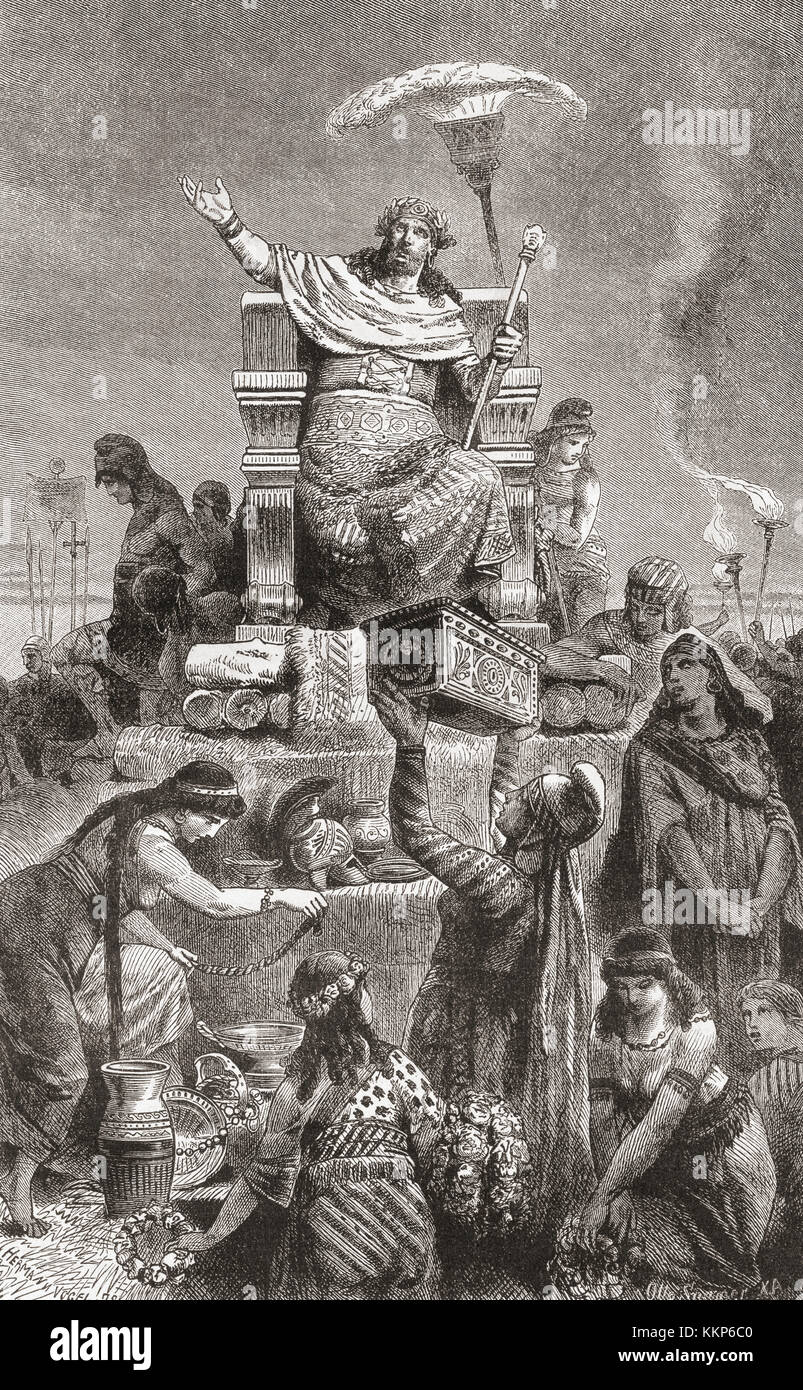 Croesus condemned to death on a funeral pyre by Cyrus the Great.  Croesus, king of Lydia. A symbol of wealth to the Greeks, he allied himself with Egypt and Babylonia against Cyrus the Great of Persia. Defeated and captured, he was condemned to the funeral pyre, but when he invoked the name of Solon, Cyrus pardonned him and appointed him his advisor.  From Ward and Lock's Illustrated History of the World, published c.1882. Stock Photo