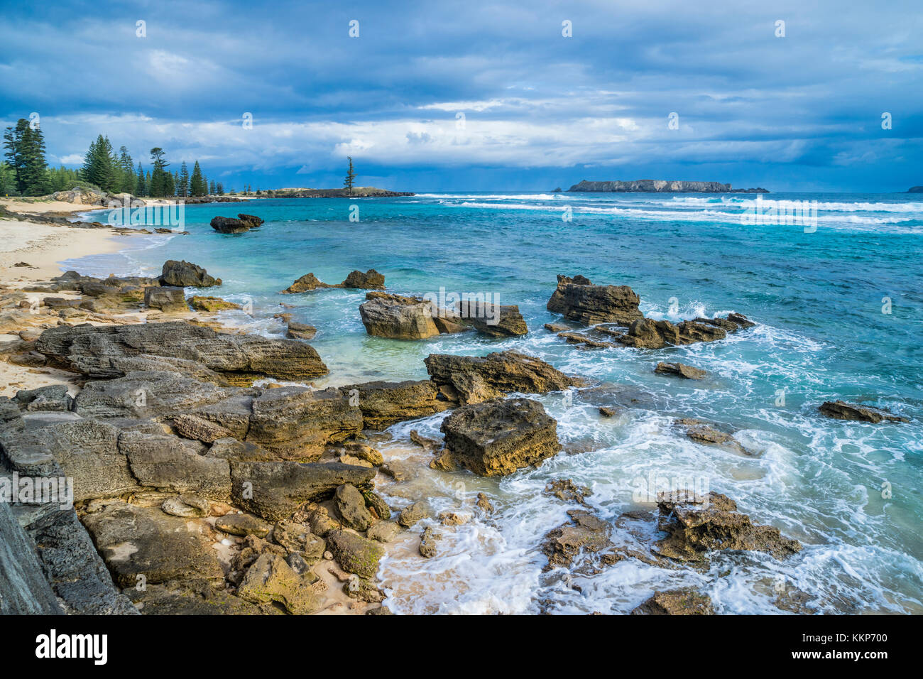 Norfolk Island, Australian external territory, Kingston, view of Slaughter Bay, Point Hunter with lone pine and Nepean Island Stock Photo