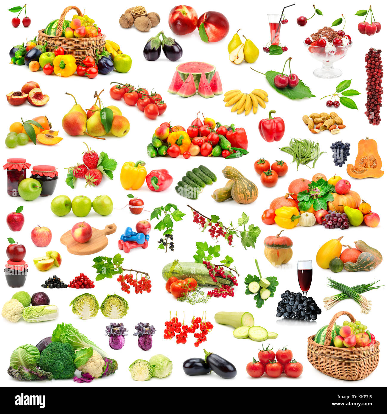 Large collection of fruits and vegetables healthy. Isolated on white background. Stock Photo