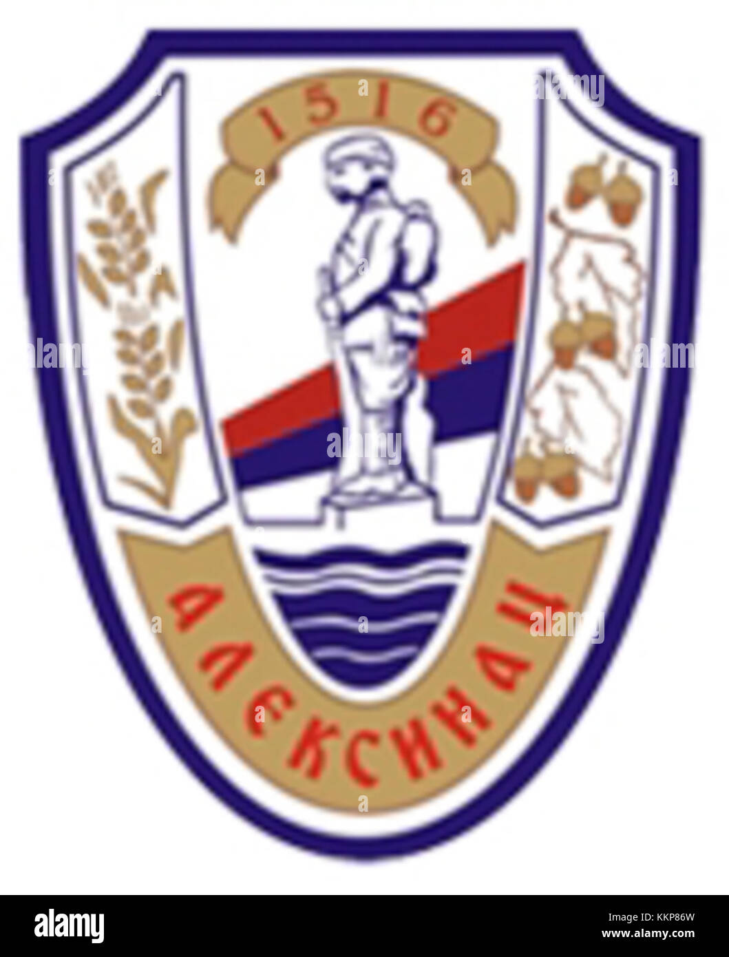 A detailed coat of arms from Aleksinac, Serbia, showcasing the town's heraldic symbols. It represents the cultural and historical identity of the region through a traditional design. Stock Photo