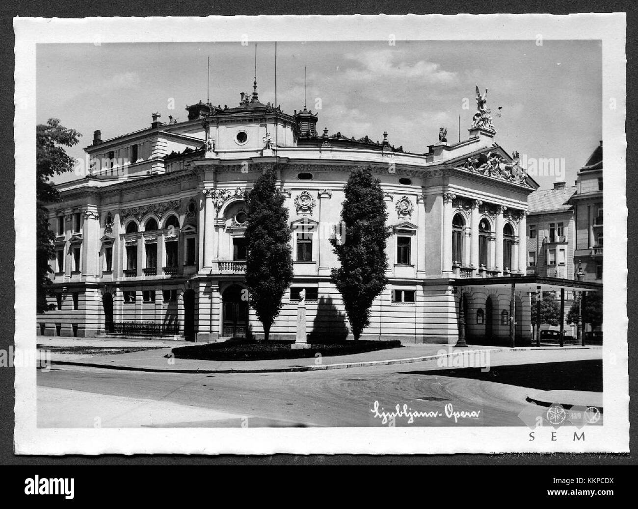 This vintage postcard depicts the Slovene National Opera and Ballet Theatre in Ljubljana, Slovenia, highlighting its architectural elegance and cultural importance as a major venue for performing arts. Stock Photo