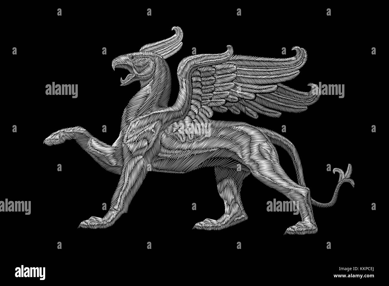 White textured embroidery griffin textile patch design. Fashion decoration ornament fabric print. Monochrome on black background legendary heraldic fairy character lion eagle vector illustration Stock Vector