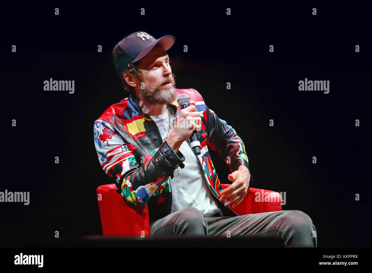 Rome, Italy - October 16, 2016. Italian singer Jovanotti (Lorenzo Cherubini) is interviewed during the meeting with the public at the 11th Rome Intern Stock Photo