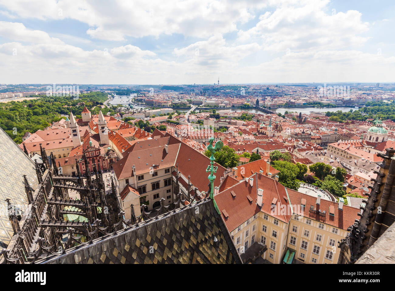 Czechia, Prague, view from the St. Vitus Cathedral above Malá Strana and old town, Vltava, Charles Bridge, Hradcany, castle, Prague castle, St. Vitus Cathedral, St. Veits cathedral Stock Photo