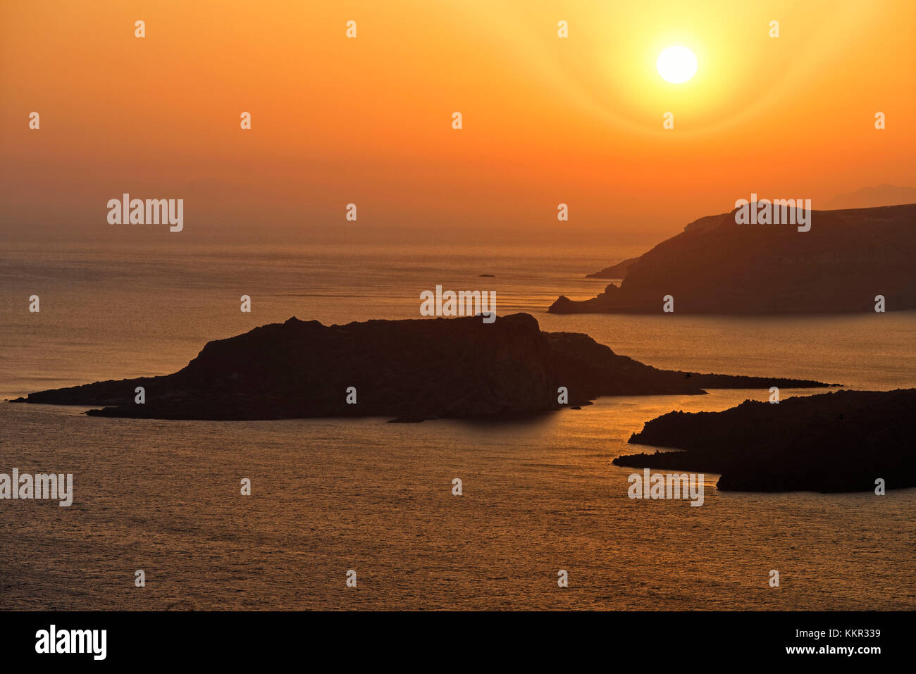 Sunset on the island Santorin, the Aegean Sea, the Cyclades, Aegean islands, Greece Stock Photo