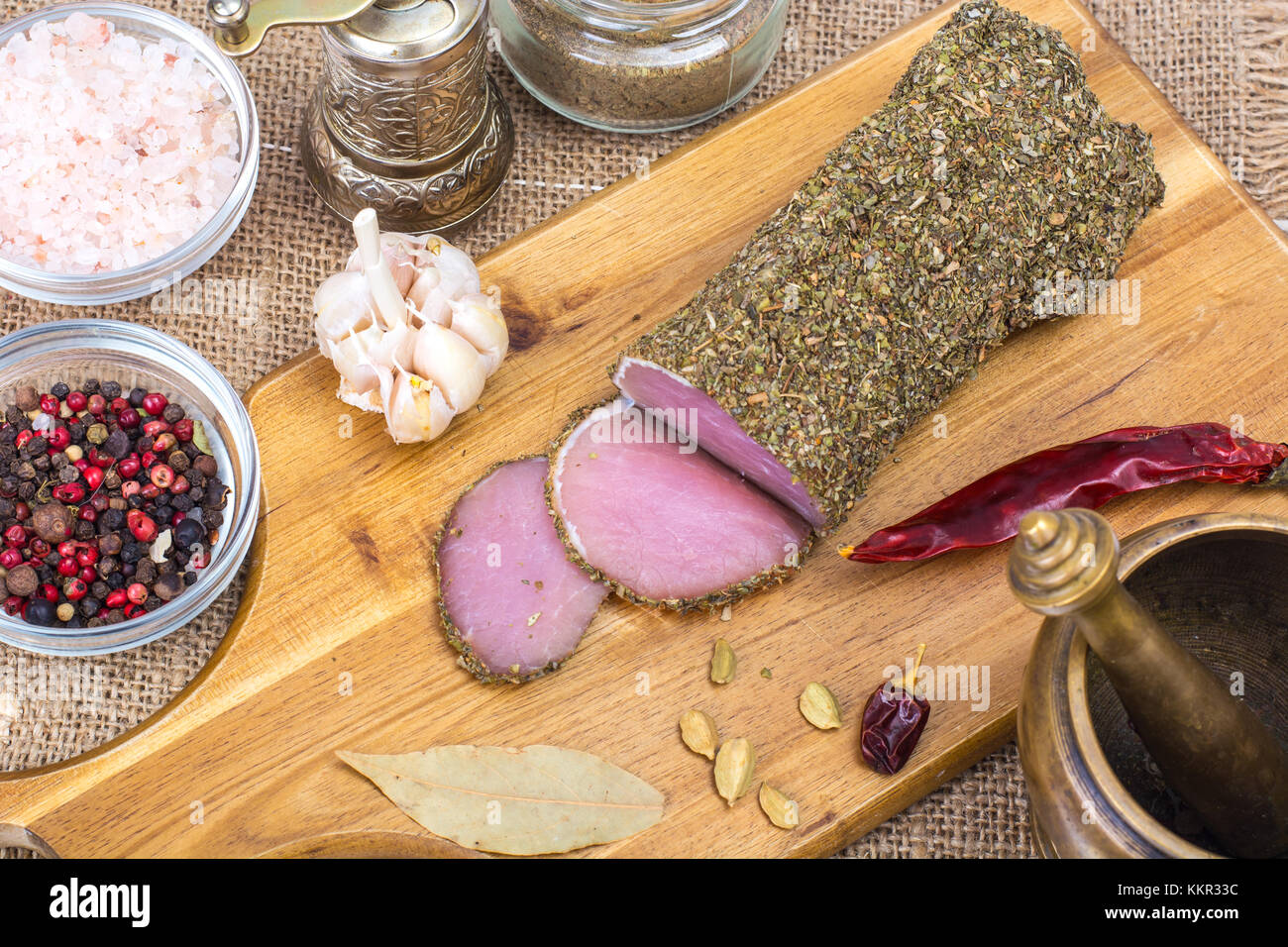 Homemade salted ham, dried herbs and spices Stock Photo Alamy
