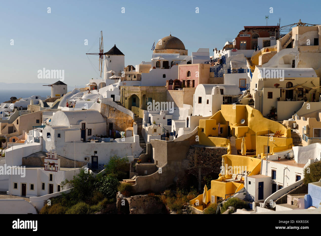 View at the terraces and windmills of Oia, island Santorin, the Aegean Sea, the Cyclades, Aegean islands, Greece, Stock Photo
