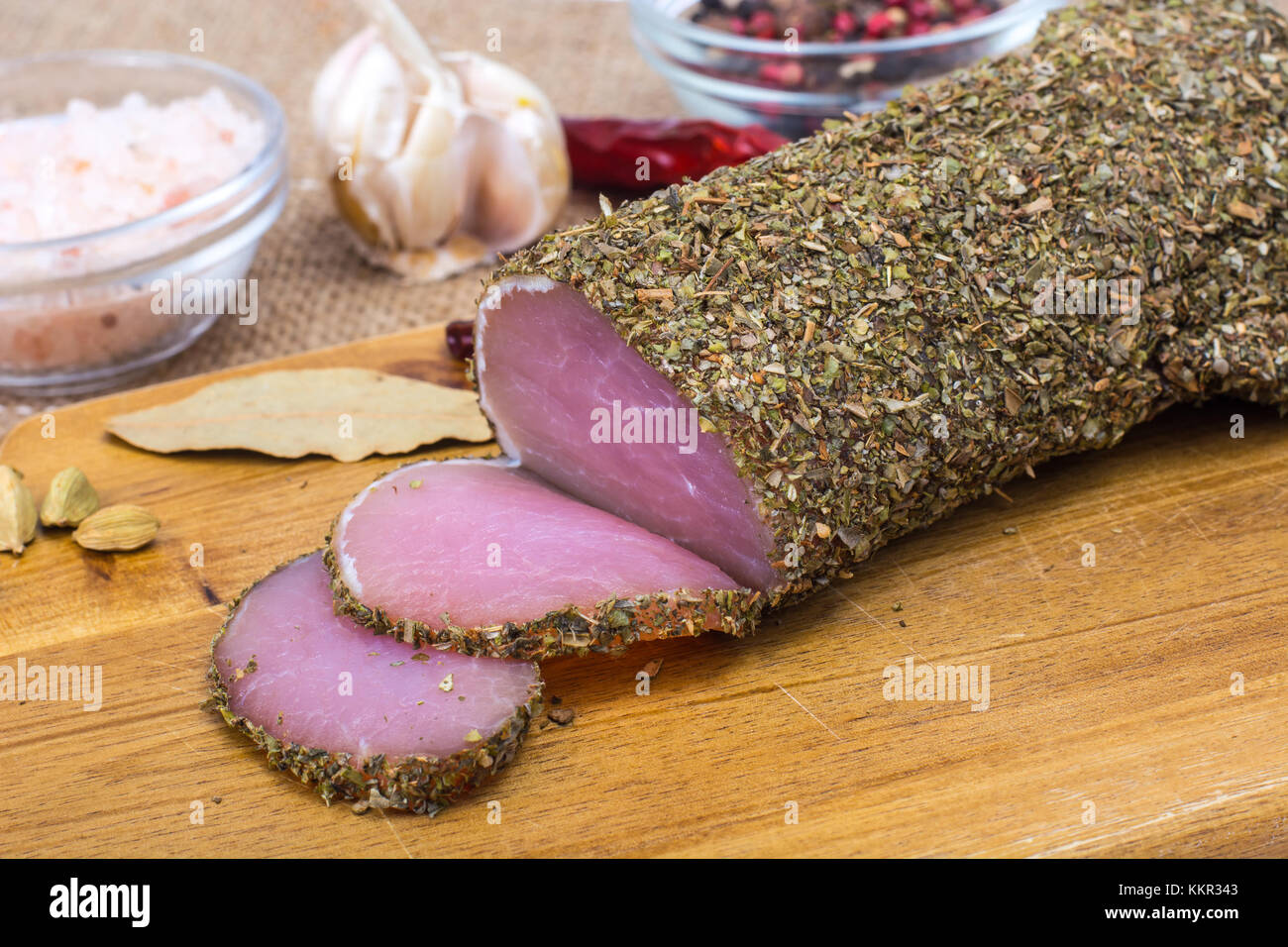 Homemade salted ham, dried herbs and spices Stock Photo Alamy