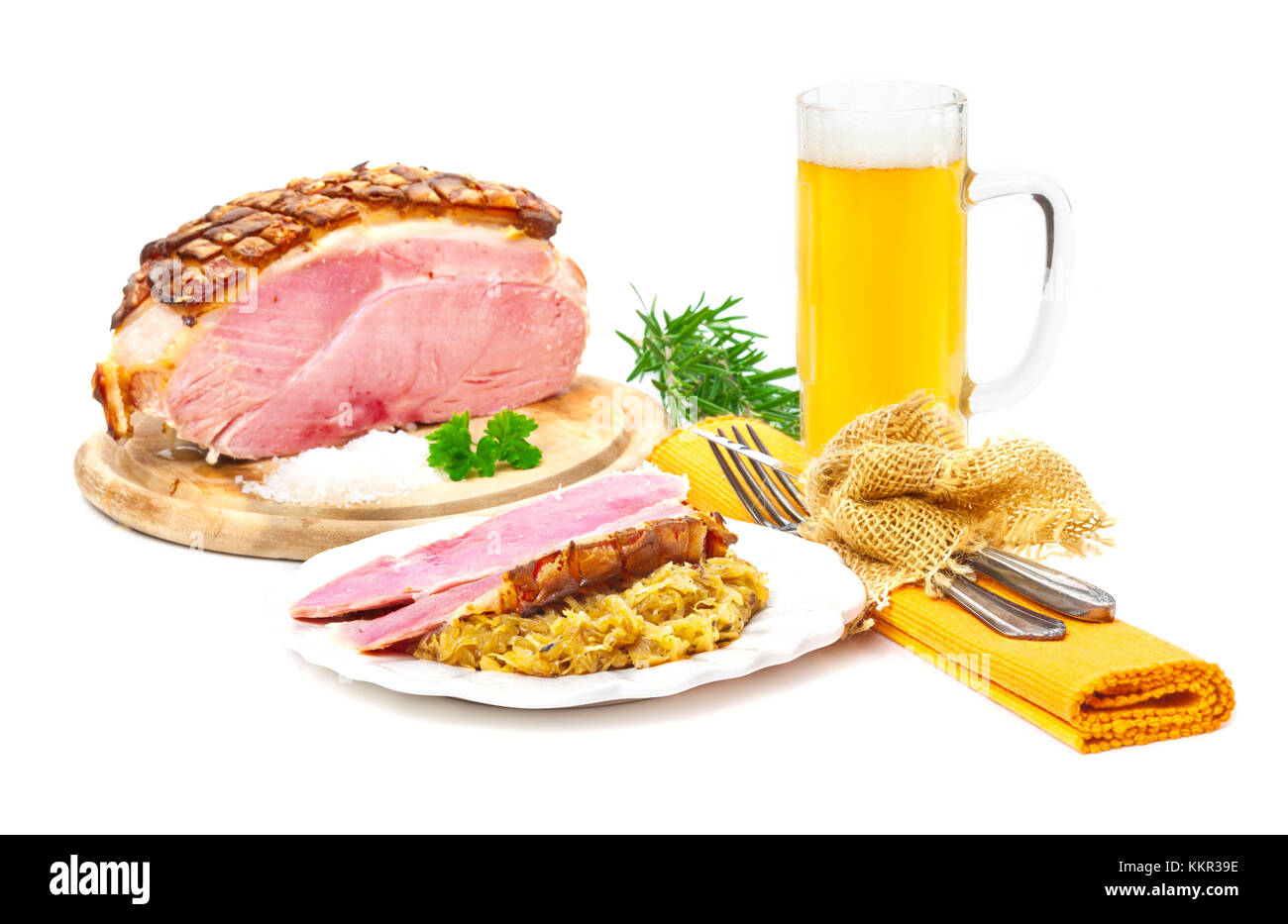 Pork roast with crackling with sauerkraut and beer Stock Photo