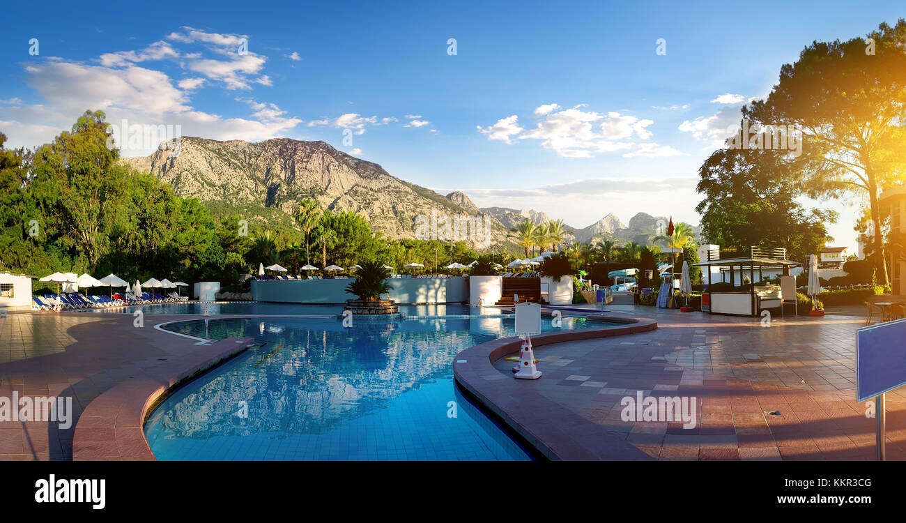 Outdoor swimming pool with water, Kemer, Turkey. Stock Photo