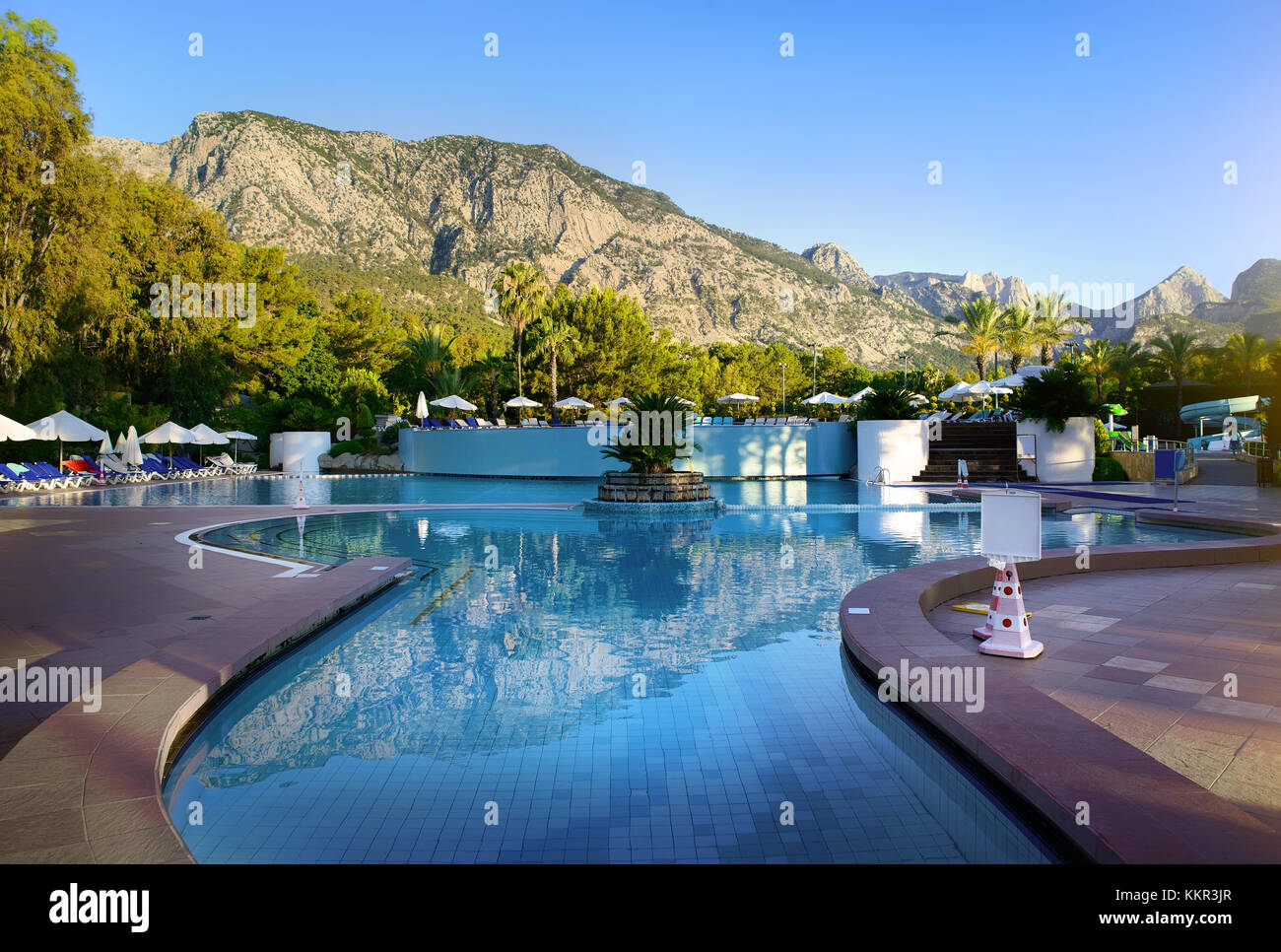Outdoor swimming pool with water, Kemer, Turkey Stock Photo
