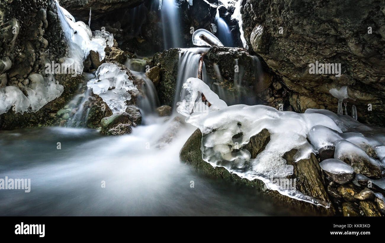 Mühlau gorge in winter, water, ice, icicles, waterfall Stock Photo