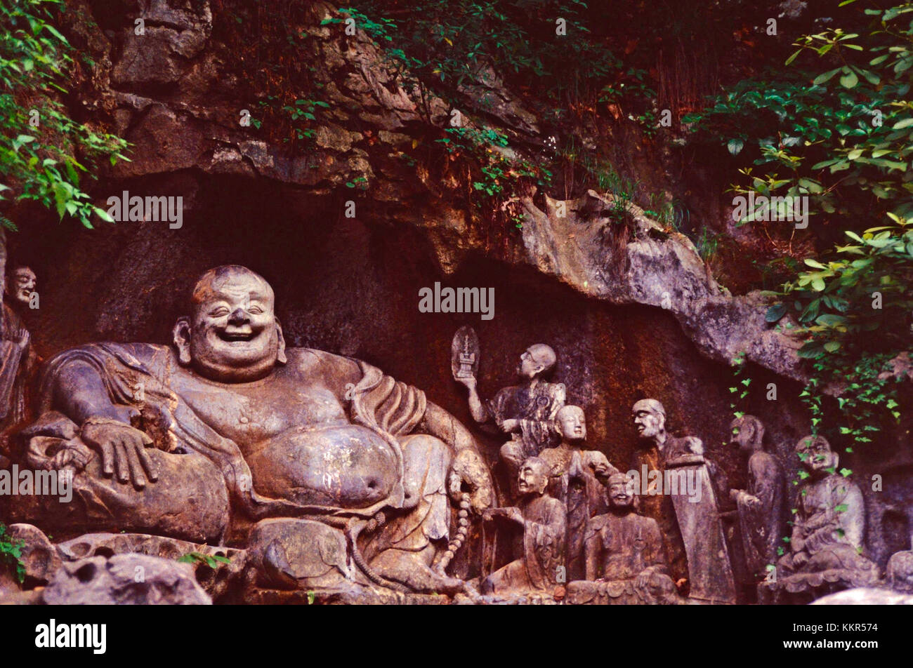 Laughing Buddha,the grottoes of Lingyin Temple,Hangzhou,China Stock Photo