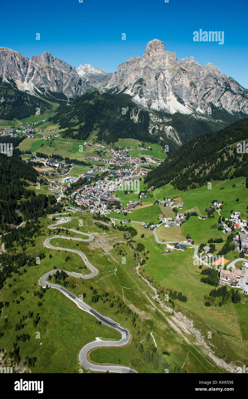 Dolomites, Corvara, Passo Campolongo, Sassongher, aerial picture, South Tirol, Italy Stock Photo