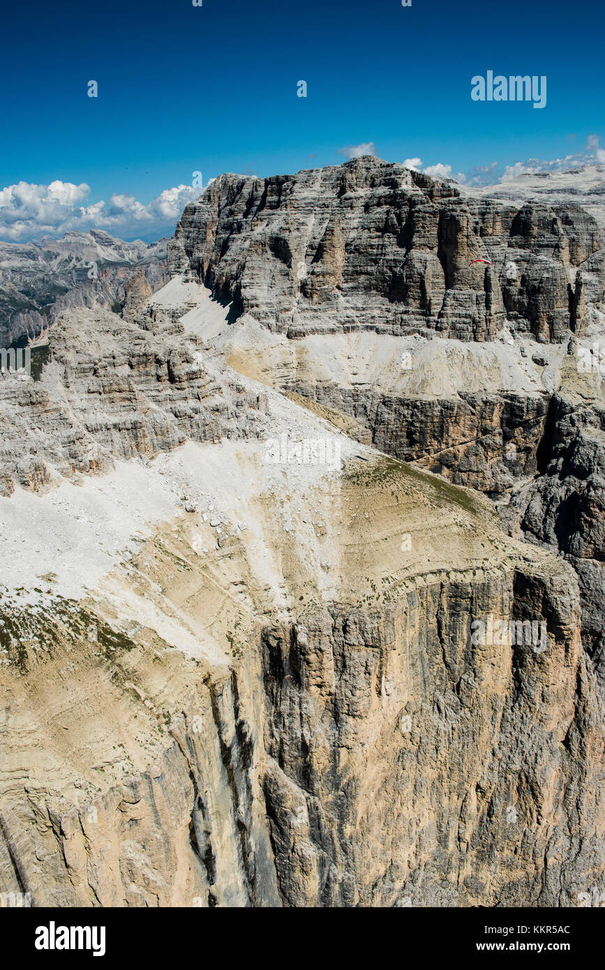 Dolomites, cliff faces of the Sella group, Piz Selva, Piz Boe, Val Lasties, aerial picture, Trentino, South Tirol, Italy Stock Photo