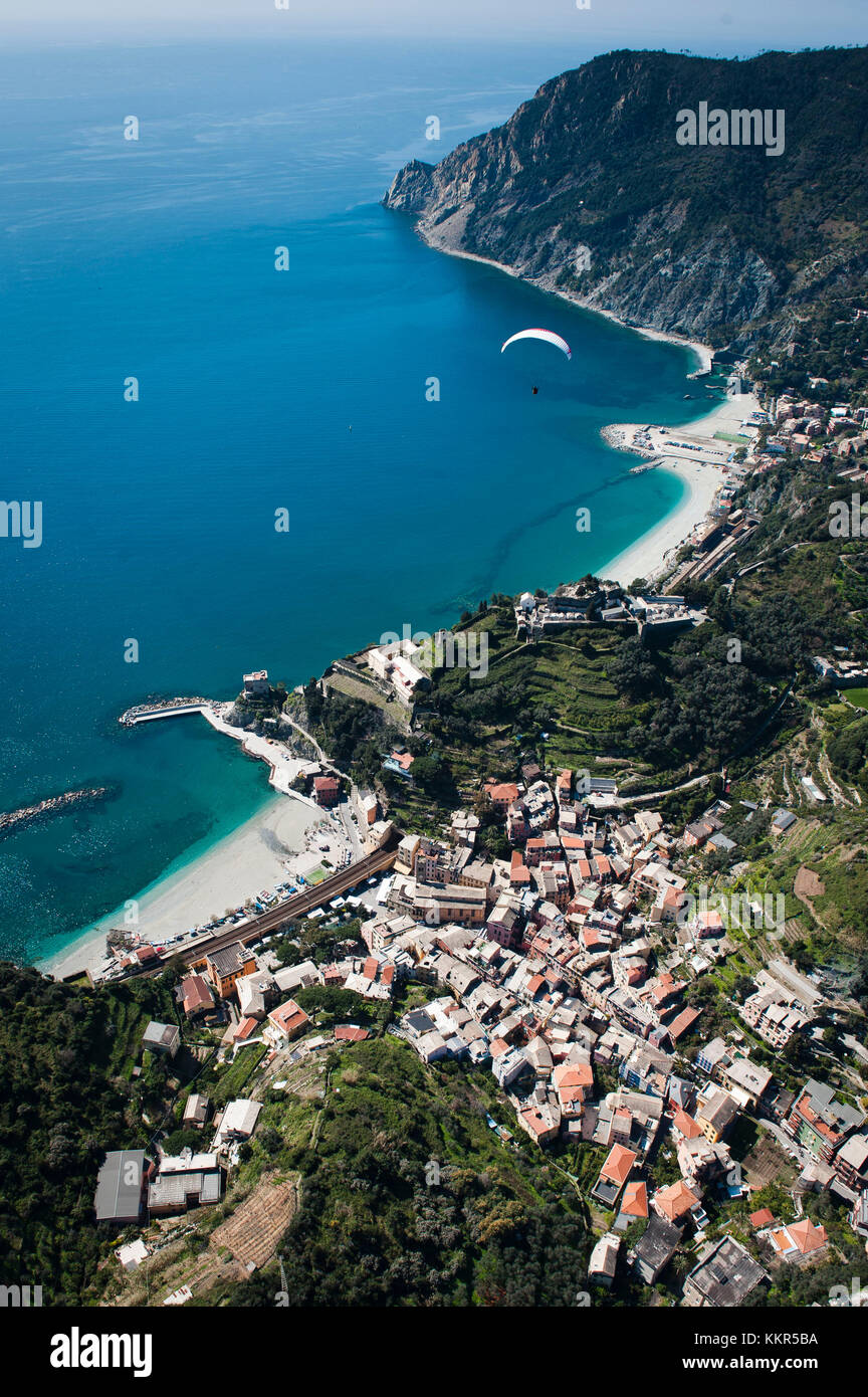 Monterosso al Mare in Cinque Terre, fishing village, aerial shot, Ligurian coast, Mediterranean Sea, Italy Stock Photo
