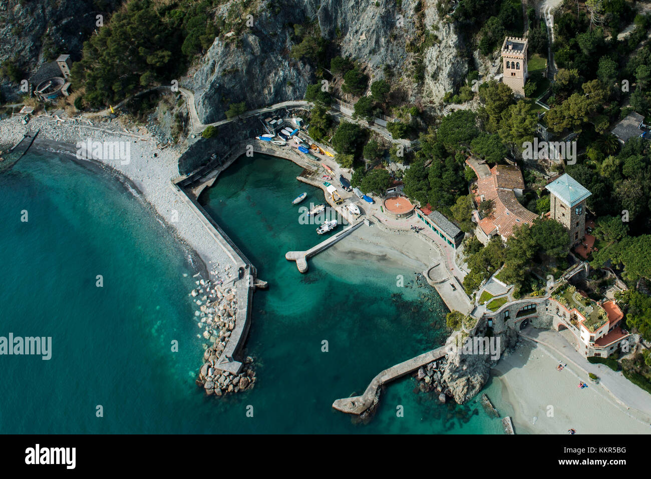 Monterosso al Mare in Cinque Terre, fishing village, natural harbour, aerial shot, Ligurian coast, Mediterranean Sea, Italy Stock Photo
