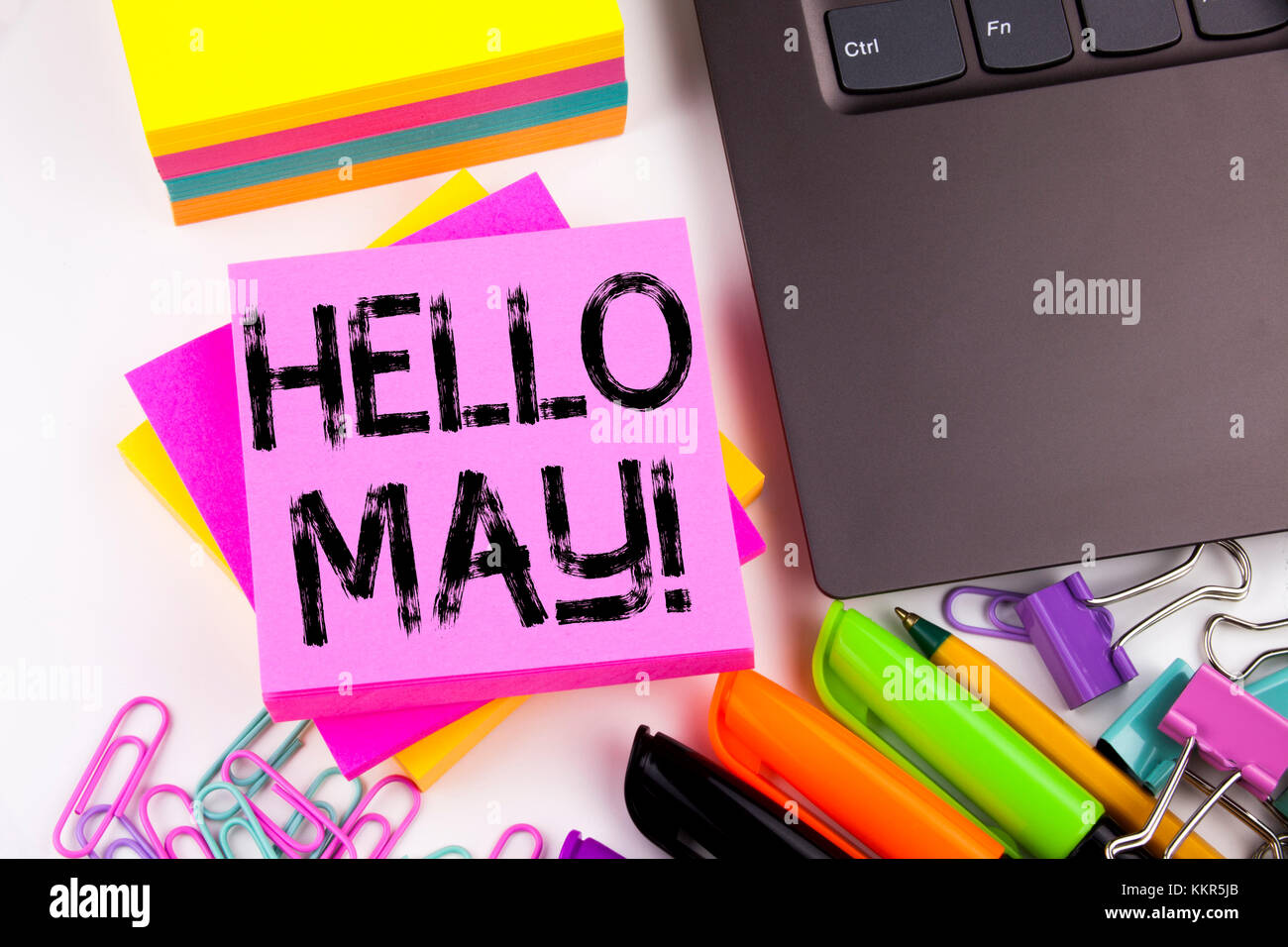 Writing text showing Hello May. Spring made in the office with ...