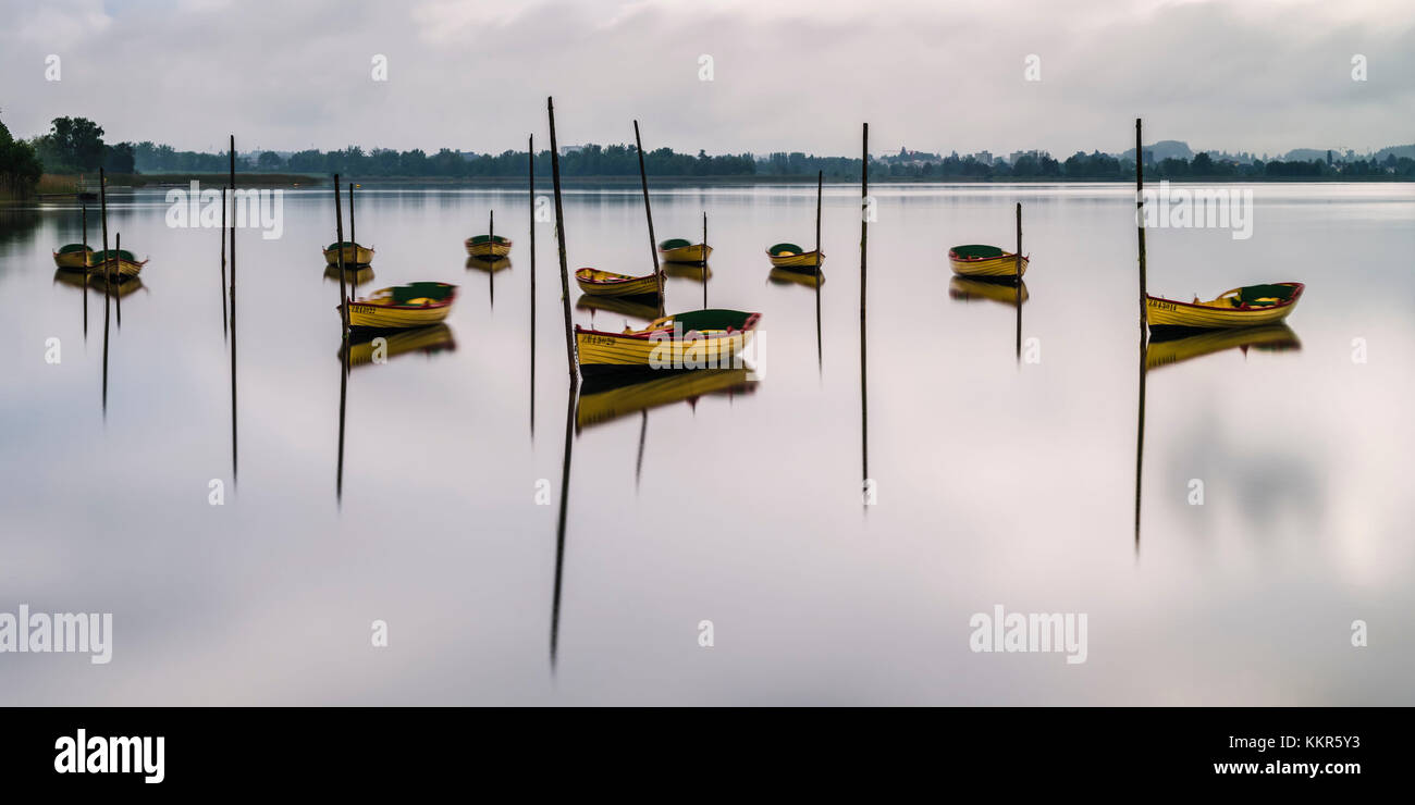 Morning mood with rowing boats on the Pfäffikersee Stock Photo