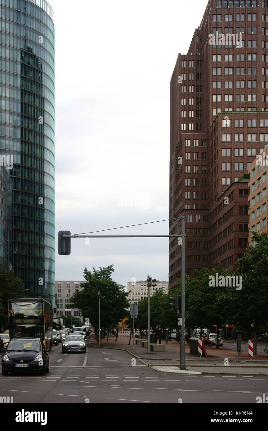 Traffic in front of the modern glass fronts of the Sony centre and the German Railways high rise in Berlin. Stock Photo