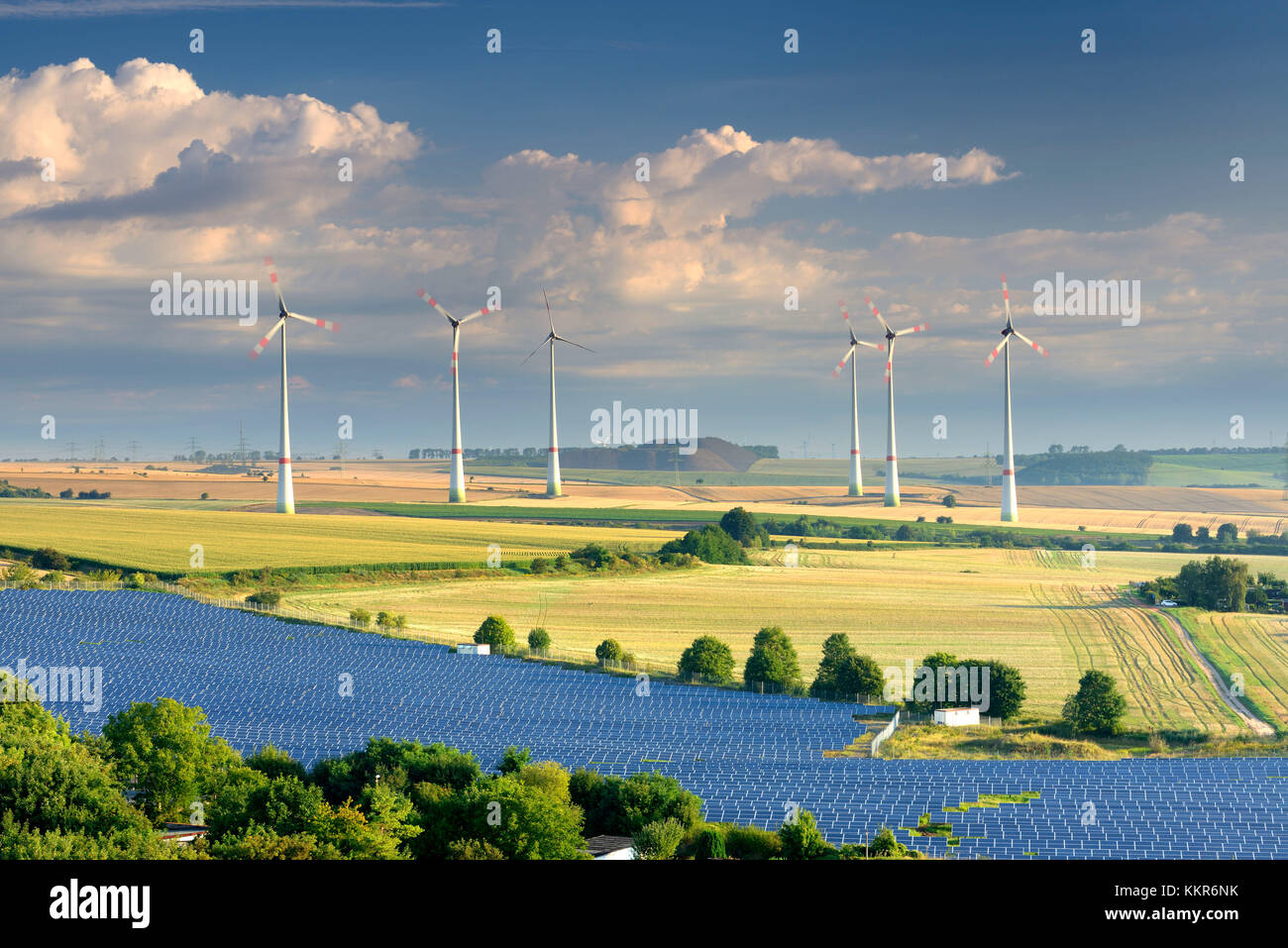 Alternative energy, wind power stations and solar farm, Saxony-Anhalt, Germany Stock Photo