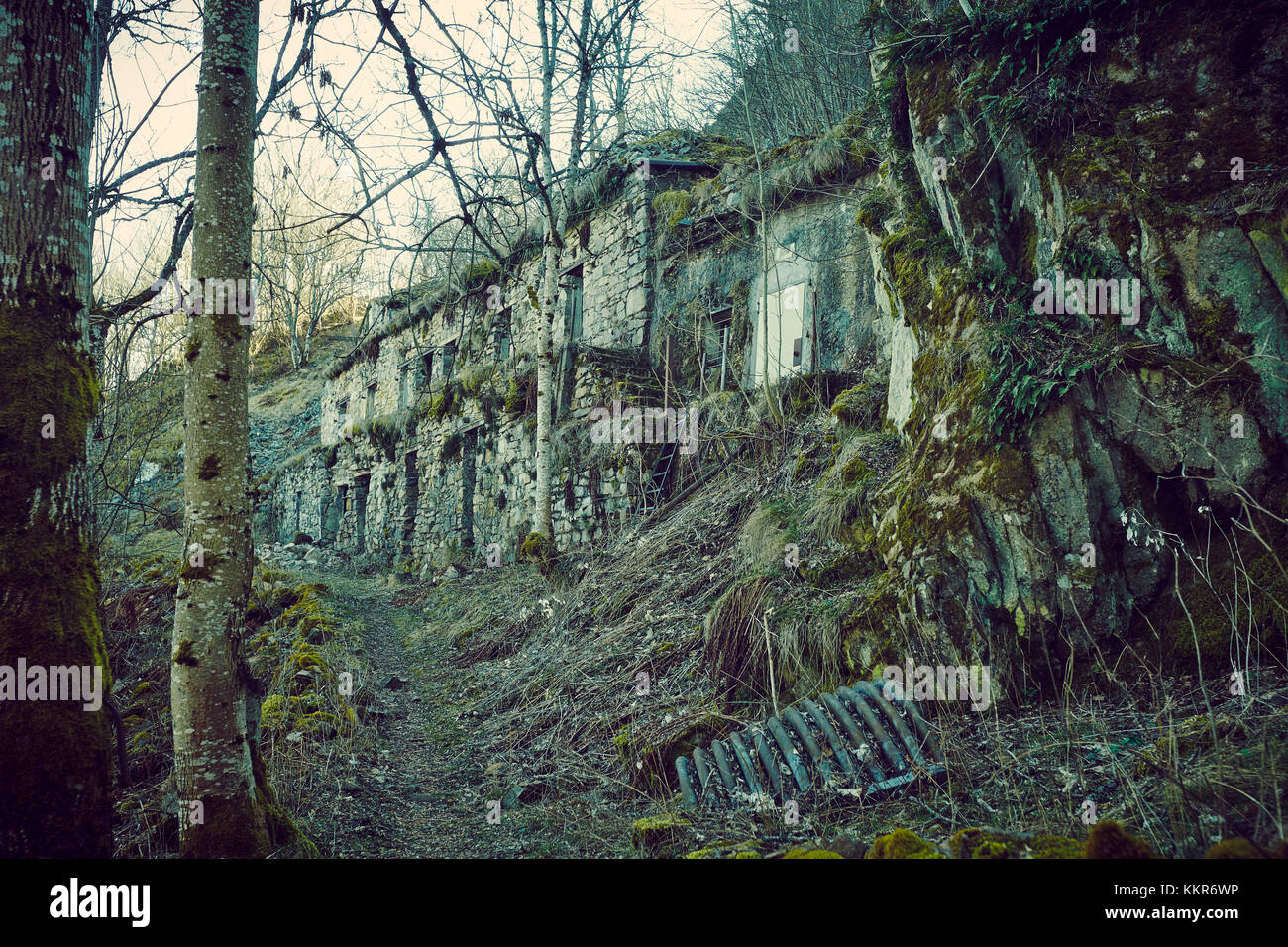 Building and remains of a bunker at a mountain in a wood in winter in Alsace Stock Photo