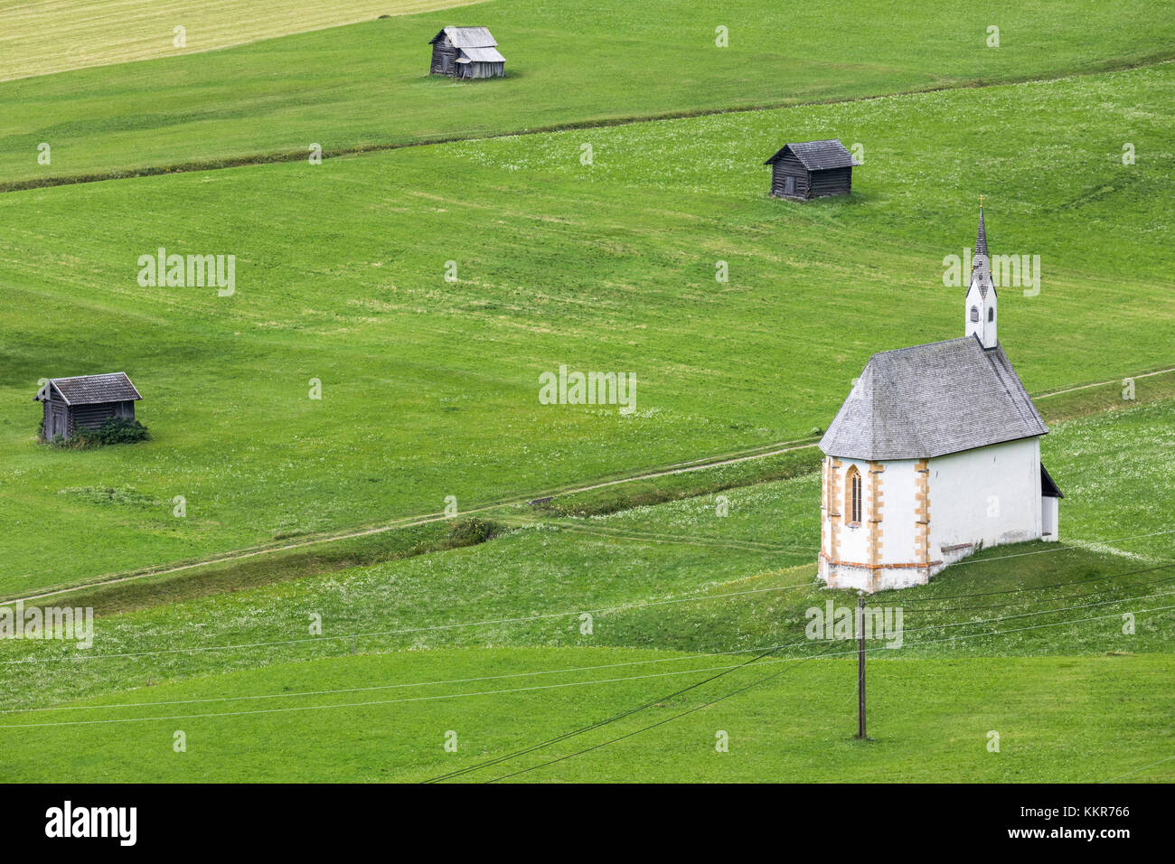 Characteristic barns in perfectly groomed lawns, Obertilliach, Tiroler Gailtal, East Tyrol, Tyrol, Austria Stock Photo