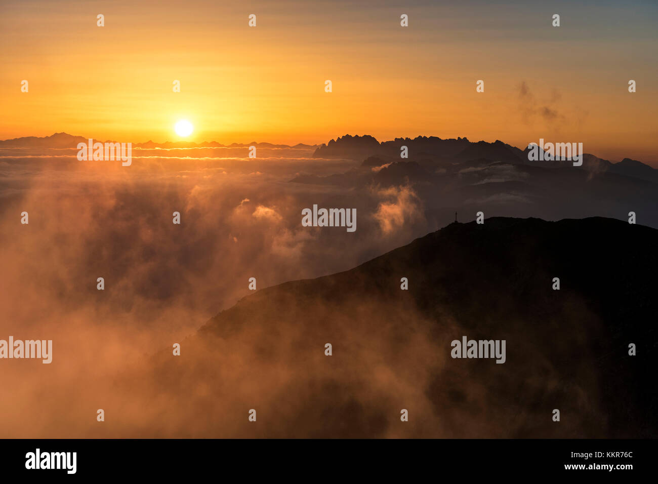 Sesto / Sexten, Bolzano province, South Tyrol, Italy Europe. Sunrise at the Helm mountain Stock Photo