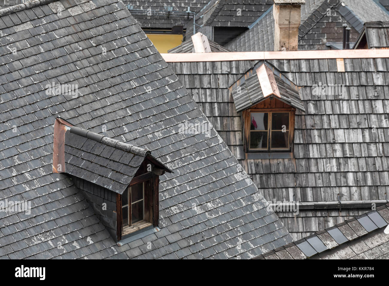 Roofs of the austrian village of Hallstatt, Salzkammergut Region, Upper Austria, Austria Stock Photo