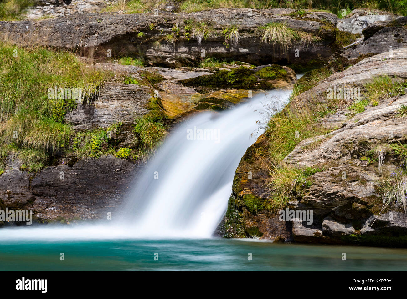 Waterfalls of the river Devero at Devero ai Ponti, Alpe Devero, Antigorio valley, Piedmont, Italy. Stock Photo