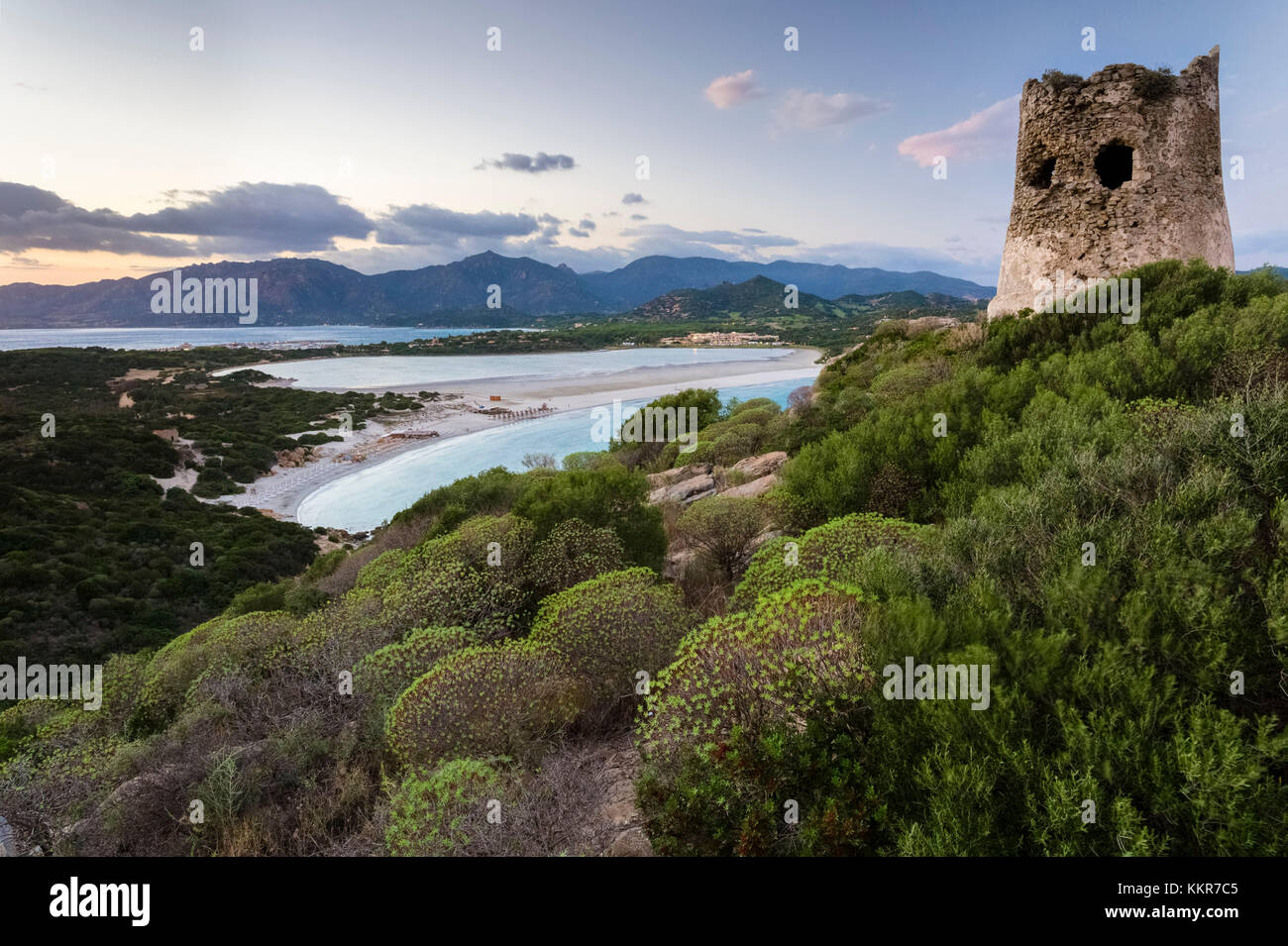 View of the beach of Porto Giunco and the Notteri pond at sunset from the old tower of Capo Carbonara, Villasimius, Cagliari, Sardinia, Italy, Europe. Stock Photo